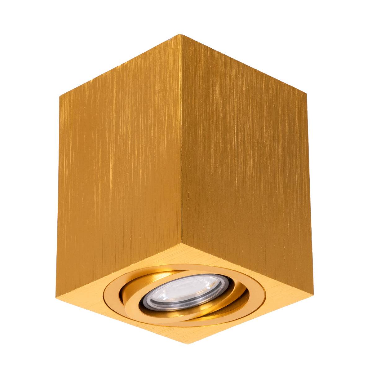 GloboStar® AKIRA 60624 Επιφανειακό Κινούμενο Τετράγωνο Φωτιστικό Σποτ Αλουμινίου με Ντουί GU10 AC 220-240V IP44 Μ8 x Π8 x Υ10cm - Χρυσό Βούρτσας - 5 Years Warranty - ledmania.gr