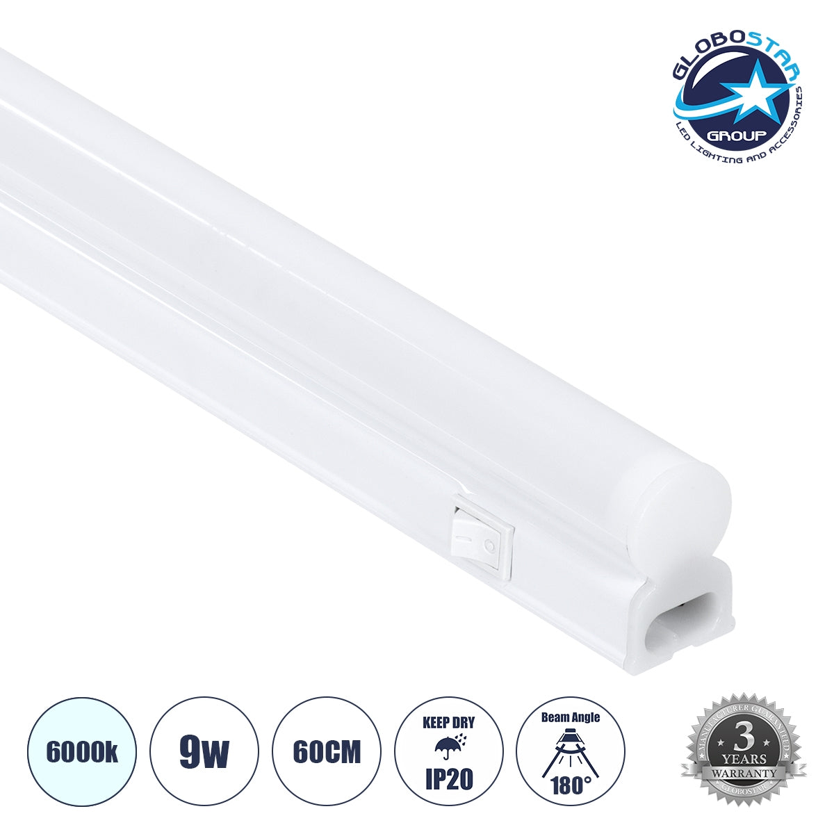 GloboStar® TUBO 60787 Γραμμικό Φωτιστικό Οροφής Linear LED Τύπου T5 Επεκτεινόμενο 9W 900lm 180° AC 220-240V IP20 Πάγκου Κουζίνας με Διακόπτη On/Off Μ60 x Π2.2 x Υ3.5cm Ψυχρό Λευκό 6000K - Λευκό