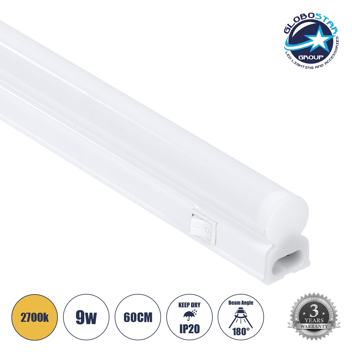 GloboStar® TUBO 60789 Γραμμικό Φωτιστικό Οροφής Linear LED Τύπου T5 Επεκτεινόμενο 9W 864lm 180° AC 220-240V IP20 Πάγκου Κουζίνας με Διακόπτη On/Off Μ60 x Π2.2 x Υ3.5cm Θερμό Λευκό 2700K - Λευκό