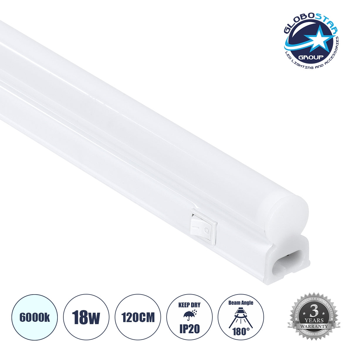 GloboStar® TUBO 60790 Γραμμικό Φωτιστικό Οροφής Linear LED Τύπου T5 Επεκτεινόμενο 18W 1800lm 180° AC 220-240V IP20 Πάγκου Κουζίνας με Διακόπτη On/Off Μ120 x Π2.2 x Υ3.5cm Ψυχρό Λευκό 6000K - Λευκό