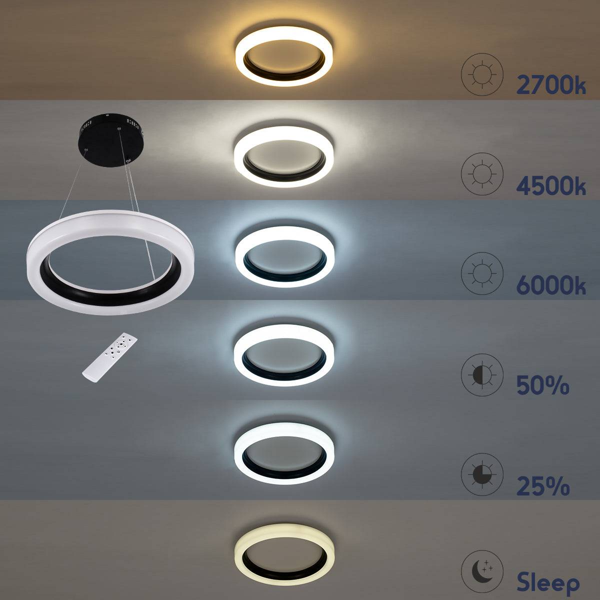 GloboStar® ARIANA 61037 Κρεμαστή Πλαφονιέρα Οροφής Κύκλος LED CCT 55W 6376lm 120° AC 220-240V - Εναλλαγή Φωτισμού μέσω Τηλεχειριστηρίου All In One Ψυχρό Λευκό 6000k+Φυσικό Λευκό 4500k+Θερμό Λευκό 2700k Dimmable Φ48cm - Μαύρο - 3 Years Warranty - ledmania.gr