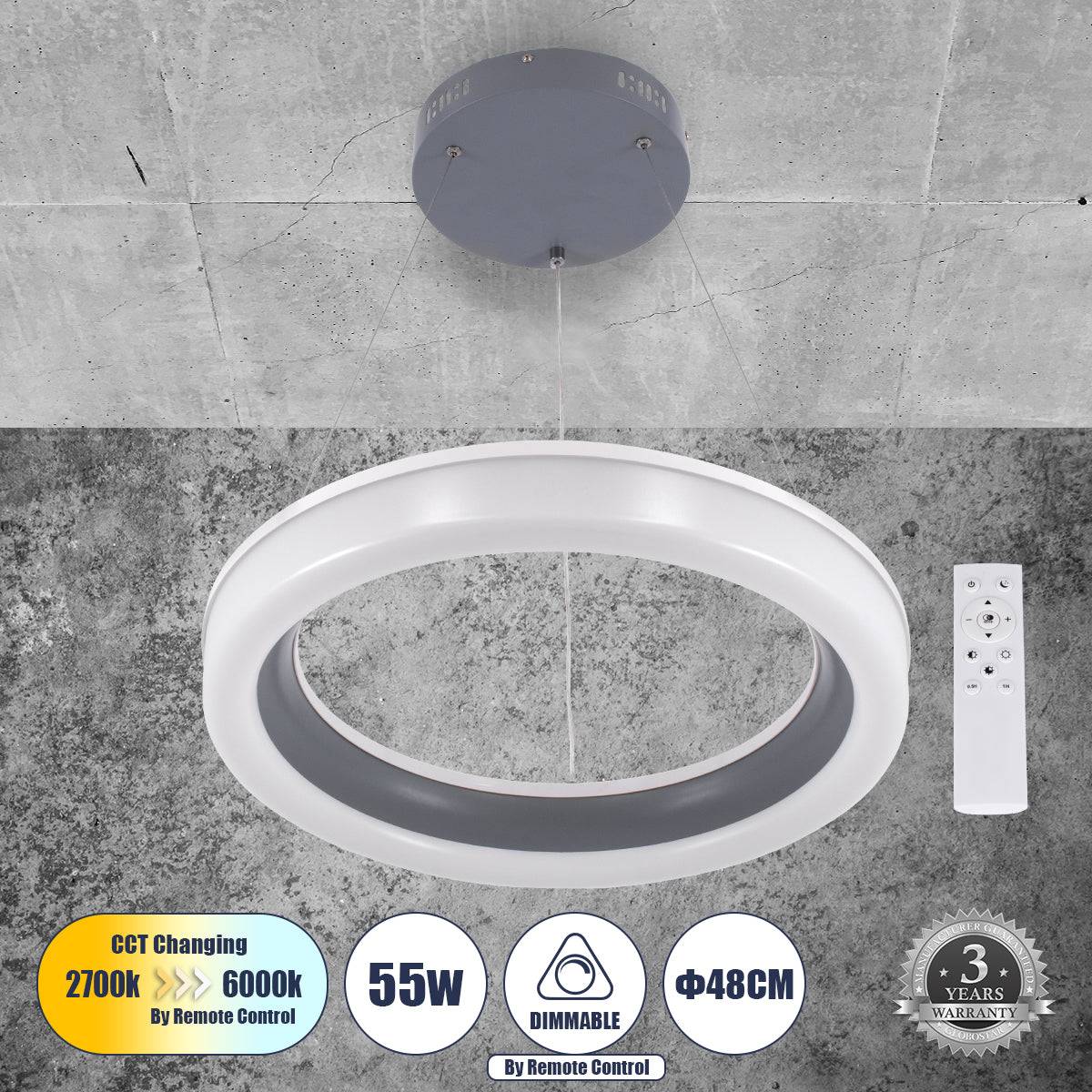 GloboStar® ARIANA 61039 Κρεμαστή Πλαφονιέρα Οροφής Κύκλος LED CCT 55W 6376lm 120° AC 220-240V - Εναλλαγή Φωτισμού μέσω Τηλεχειριστηρίου All In One Ψυχρό Λευκό 6000k+Φυσικό Λευκό 4500k+Θερμό Λευκό 2700k Dimmable Φ48cm - Ανθρακί - 3 Years Warrant - ledmania.gr