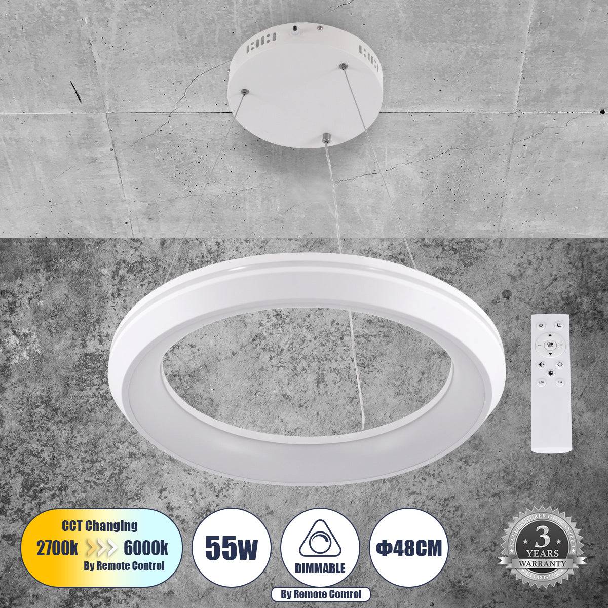 GloboStar® MELINA 61044 Κρεμαστή Πλαφονιέρα Οροφής Κύκλος LED CCT 55W 6376lm 120° AC 220-240V - Εναλλαγή Φωτισμού μέσω Τηλεχειριστηρίου All In One Ψυχρό Λευκό 6000k+Φυσικό Λευκό 4500k+Θερμό Λευκό 2700k Dimmable Φ48cm - Λευκό - 3 Years Warranty - ledmania.gr