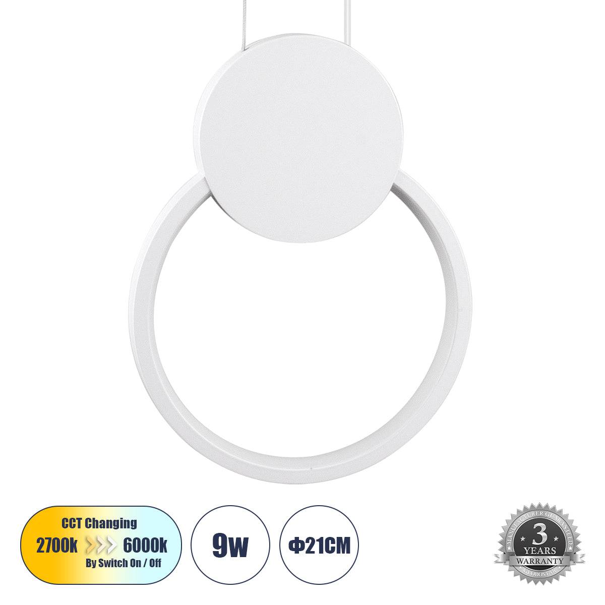 GloboStar® CYCLOS 61074 Κρεμαστό Φωτιστικό Οροφής Design LED CCT 9W 1080lm 300° AC 220-240V - Εναλλαγή Φωτισμού μέσω Διακόπτη On/Off All In One Ψυχρό 6000k+Φυσικό 4500k+Θερμό 2700k Μ21 x Π2.3 x Υ26.5cm - Λευκό - ledmania.gr