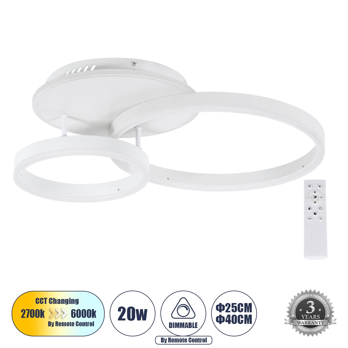 GloboStar® VENOM 61121 Φωτιστικό Οροφής Δαχτυλίδι-Κύκλος LED CCT 67W 8107lm 360° AC 220-240V - Εναλλαγή Φωτισμού μέσω Τηλεχειριστηρίου All In One Ψυχρό 6000k+Φυσικό 4500k+Θερμό 2700k Dimmable Φ25+40cm+BackLight - Λευκό