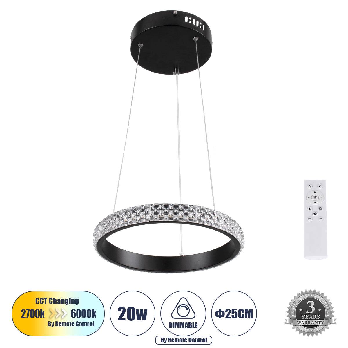 GloboStar® DIAMOND 61126 Κρεμαστό Φωτιστικό Δαχτυλίδι-Κύκλος LED CCT 20W 2356lm 360° AC 220-240V - Εναλλαγή Φωτισμού μέσω Τηλεχειριστηρίου All In One Ψυχρό 6000k+Φυσικό 4500k+Θερμό 2700k Dimmable Φ25cm - Μαύρο - 3 Years Warranty - ledmania.gr