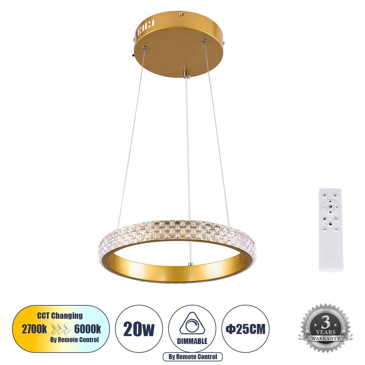 GloboStar® DIAMOND 61127 Κρεμαστό Φωτιστικό Δαχτυλίδι-Κύκλος LED CCT 20W 2356lm 360° AC 220-240V - Εναλλαγή Φωτισμού μέσω Τηλεχειριστηρίου All In One Ψυχρό 6000k+Φυσικό 4500k+Θερμό 2700k Dimmable Φ25cm - Χρυσό Βούρτσας - 3 Years Warranty - ledmania.gr