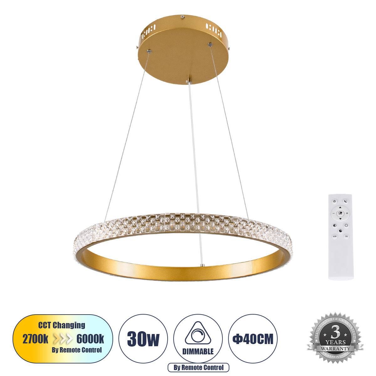 GloboStar® DIAMOND 61129 Κρεμαστό Φωτιστικό Δαχτυλίδι-Κύκλος LED CCT 30W 3513lm 360° AC 220-240V - Εναλλαγή Φωτισμού μέσω Τηλεχειριστηρίου All In One Ψυχρό 6000k+Φυσικό 4500k+Θερμό 2700k Dimmable Φ40cm - Χρυσό Βούρτσας - 3 Years Warranty - ledmania.gr