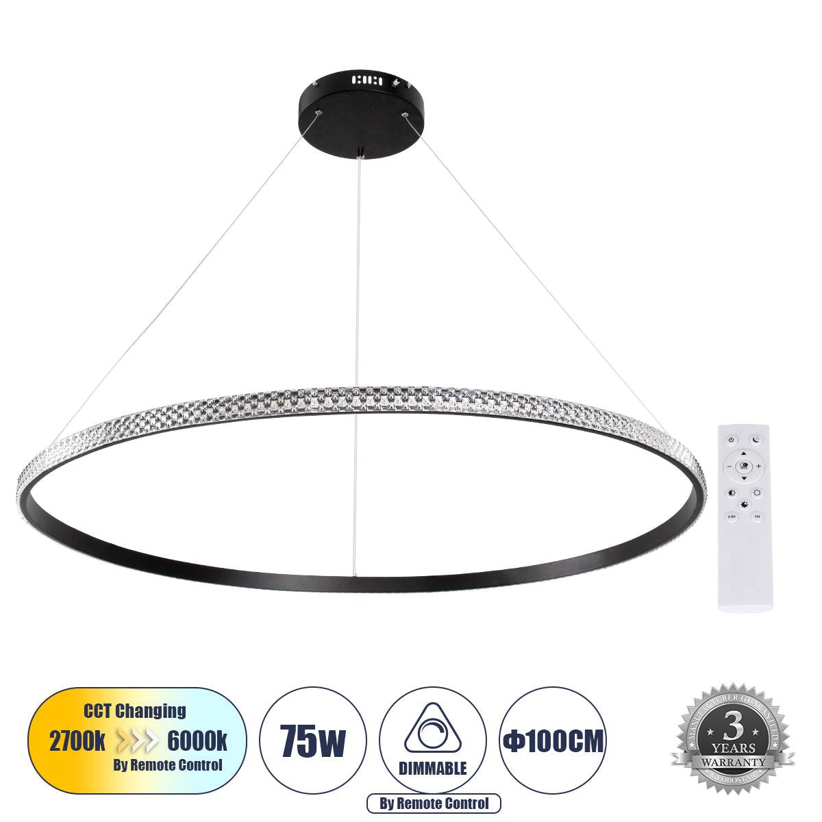 GloboStar® DIAMOND 61134 Κρεμαστό Φωτιστικό Δαχτυλίδι-Κύκλος LED CCT 75W 8743lm 360° AC 220-240V - Εναλλαγή Φωτισμού μέσω Τηλεχειριστηρίου All In One Ψυχρό 6000k+Φυσικό 4500k+Θερμό 2700k Dimmable Φ100cm - Μαύρο - 3 Years Warranty - ledmania.gr