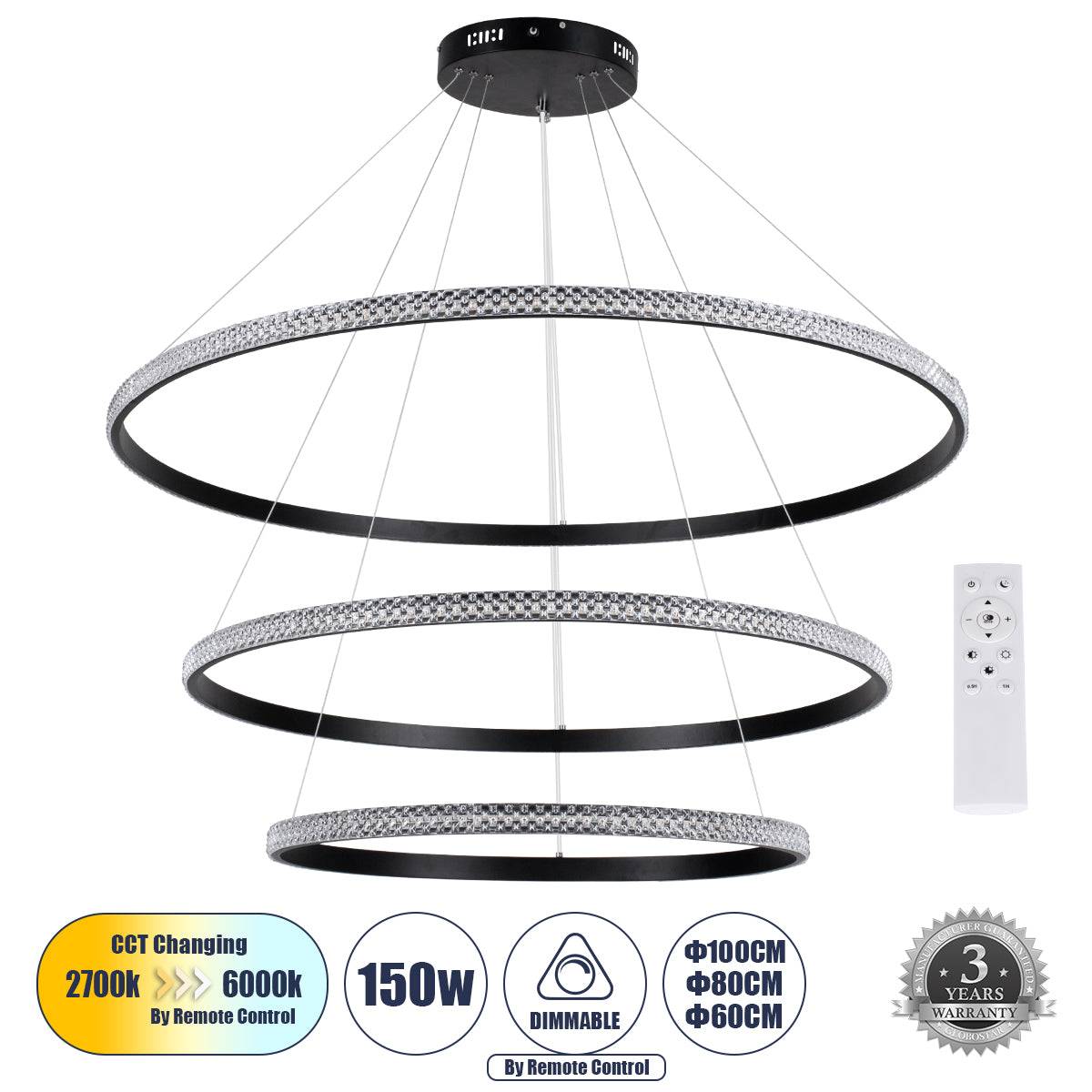 GloboStar® DIAMOND TRIO 61140 Κρεμαστό Φωτιστικό Δαχτυλίδι-Κύκλος LED CCT 150W 18379lm 360° AC 220-240V - Εναλλαγή Φωτισμού μέσω Τηλεχειριστηρίου All In One Ψυχρό 6000k+Φυσικό 4500k+Θερμό 2700k Dimmable Φ60+80+100cm - Μαύρο - 3 Years Warranty - ledmania.gr