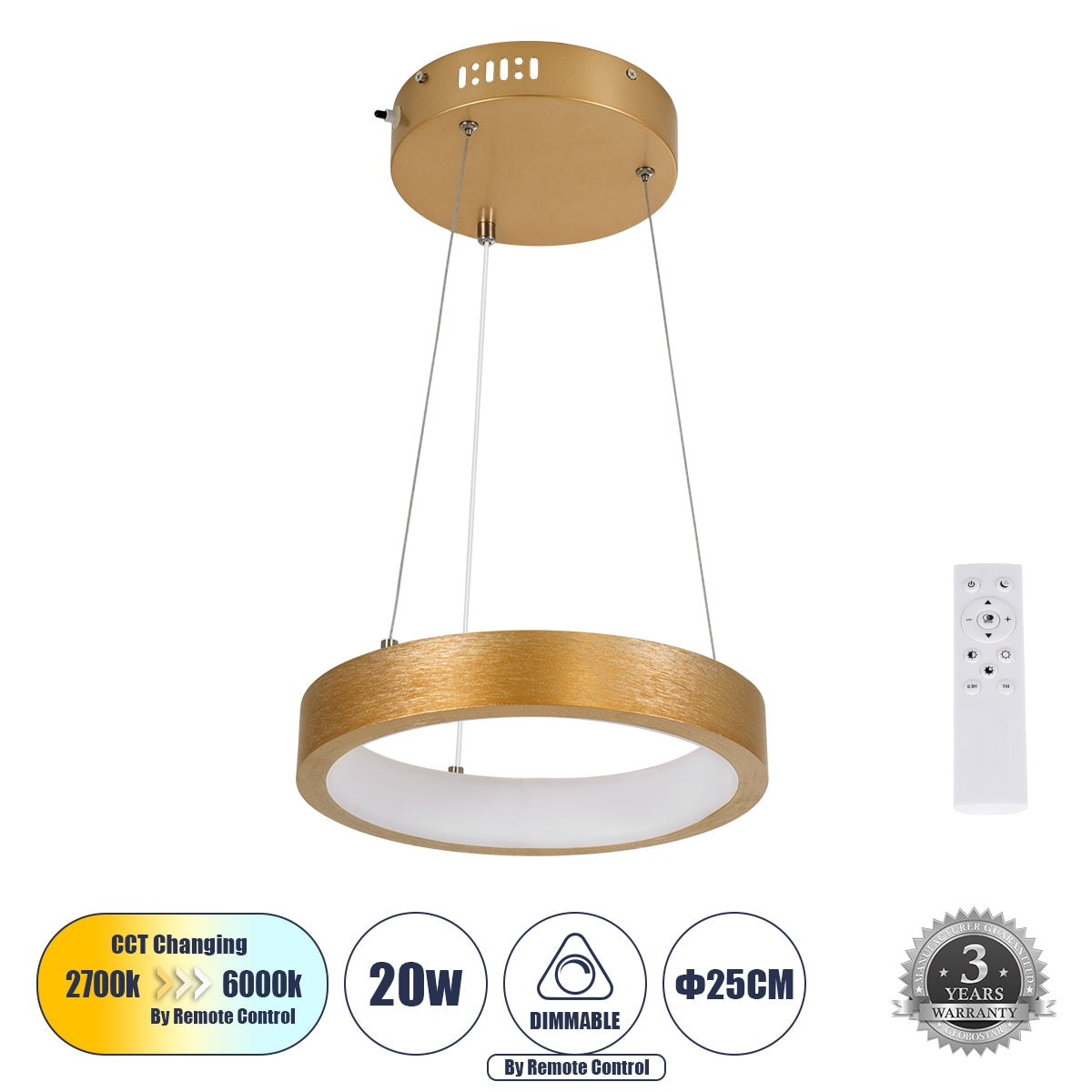 GloboStar® NEMESIS 61154 Κρεμαστό Φωτιστικό Δαχτυλίδι-Κύκλος LED CCT 20W 2356lm 360° AC 220-240V - Εναλλαγή Φωτισμού μέσω Τηλεχειριστηρίου All In One Ψυχρό 6000k+Φυσικό 4500k+Θερμό 2700k Dimmable Φ25cm - Χρυσό Βούρτσας - ledmania.gr