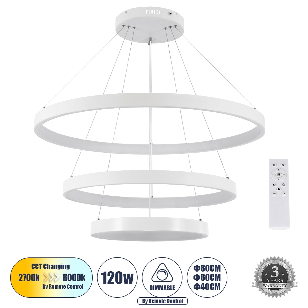 GloboStar® NEMESIS TRIO 61171 Κρεμαστό Φωτιστικό Δαχτυλίδι-Κύκλος LED CCT 120W 14723lm 360° AC 220-240V - Εναλλαγή Φωτισμού μέσω Τηλεχειριστηρίου All In One Ψυχρό 6000k+Φυσικό 4500k+Θερμό 2700k Dimmable Φ40+60+80cm - Λευκό - ledmania.gr