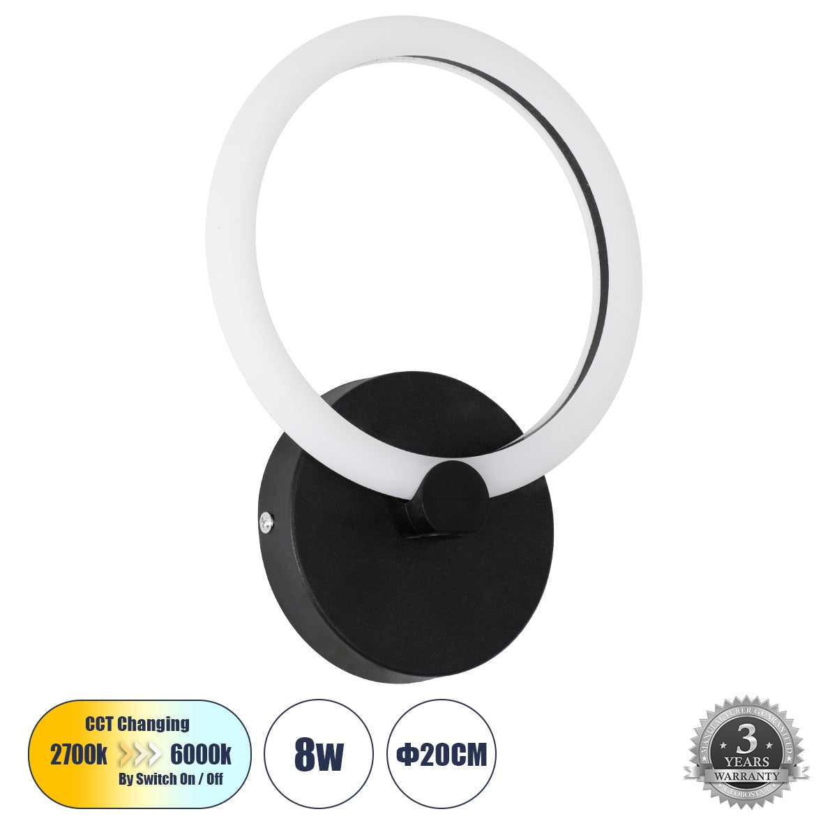 GloboStar® MATILDA 61339 Φωτιστικό Τοίχου - Απλίκα Design LED CCT 8W 960lm 360° AC 220-240V - Εναλλαγή Φωτισμού μέσω Διακόπτη On/Off All In One Ψυχρό 6000k+Φυσικό 4500k+Θερμό 2700k Μ20 x Π5 x Υ25.5cm - Μαύρο - ledmania.gr