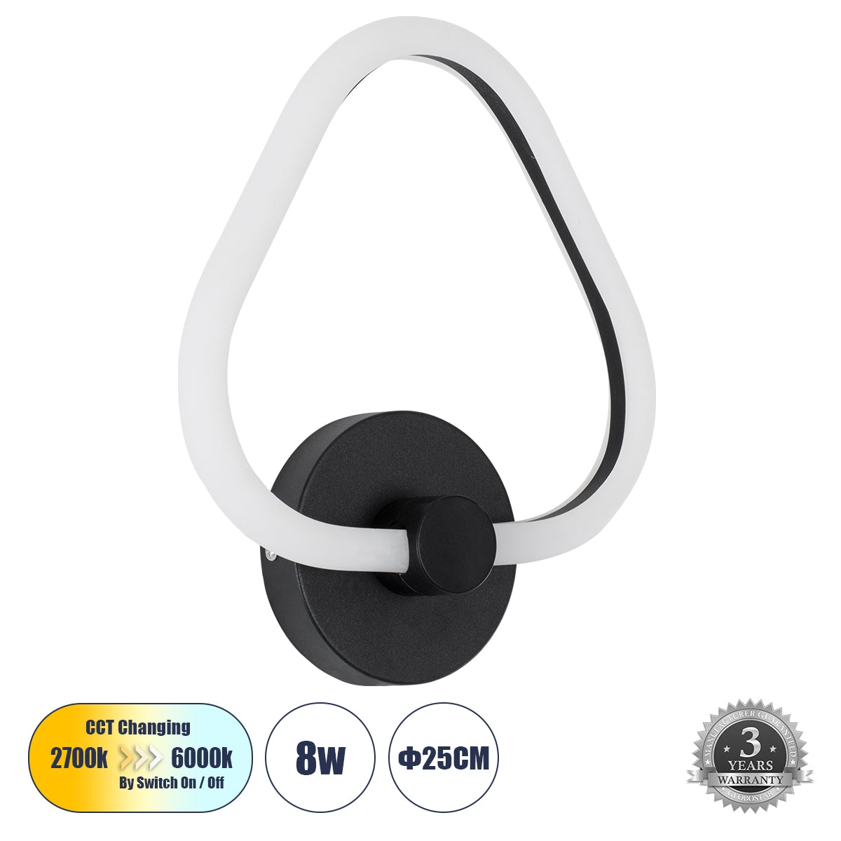 GloboStar® REGINA 61341 Φωτιστικό Τοίχου - Απλίκα Design LED CCT 8W 960lm 360° AC 220-240V - Εναλλαγή Φωτισμού μέσω Διακόπτη On/Off All In One Ψυχρό 6000k+Φυσικό 4500k+Θερμό 2700k Μ25 x Π7 x Υ28.5cm - Μαύρο - ledmania.gr