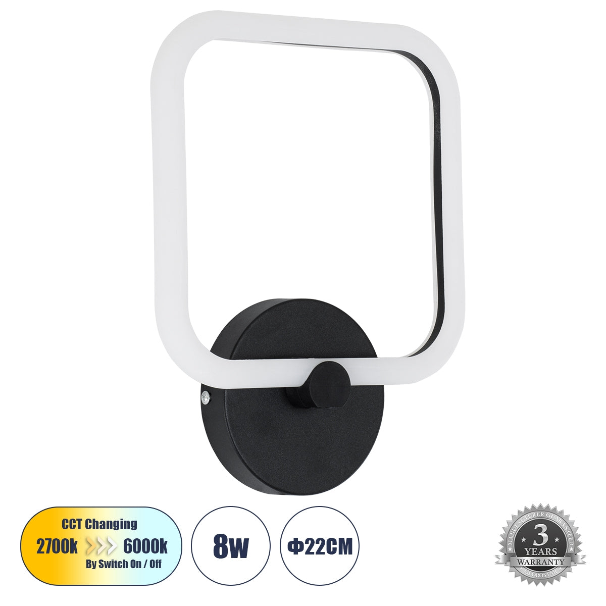 GloboStar® ELIZA 61343 Φωτιστικό Τοίχου - Απλίκα Design LED CCT 8W 960lm 360° AC 220-240V - Εναλλαγή Φωτισμού μέσω Διακόπτη On/Off All In One Ψυχρό 6000k+Φυσικό 4500k+Θερμό 2700k Μ22 x Π5 x Υ28.5cm - Μαύρο - ledmania.gr