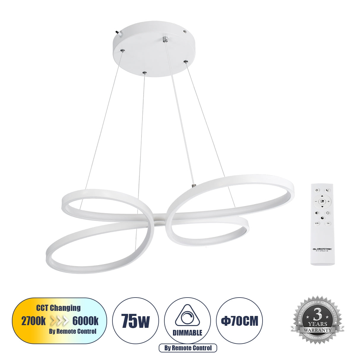 GloboStar® BUTTERFLY 61392 Κρεμαστό Φωτιστικό Οροφής Design LED CCT 75W 8400lm 300° AC 220-240V - Εναλλαγή Φωτισμού μέσω Τηλεχειριστηρίου All In One Ψυχρό 6000k+Φυσικό 4500k+Θερμό 2700k Dimmable Μ71 x Π52 x Υ4cm - Λευκό