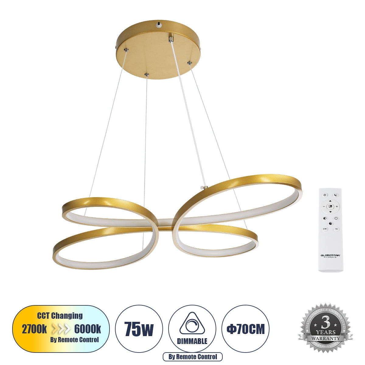 GloboStar® BUTTERFLY 61393 Κρεμαστό Φωτιστικό Οροφής Design LED CCT 75W 8400lm 300° AC 220-240V - Εναλλαγή Φωτισμού μέσω Τηλεχειριστηρίου All In One Ψυχρό 6000k+Φυσικό 4500k+Θερμό 2700k Dimmable Μ71 x Π52 x Υ4cm - Χρυσό Βούρτσας