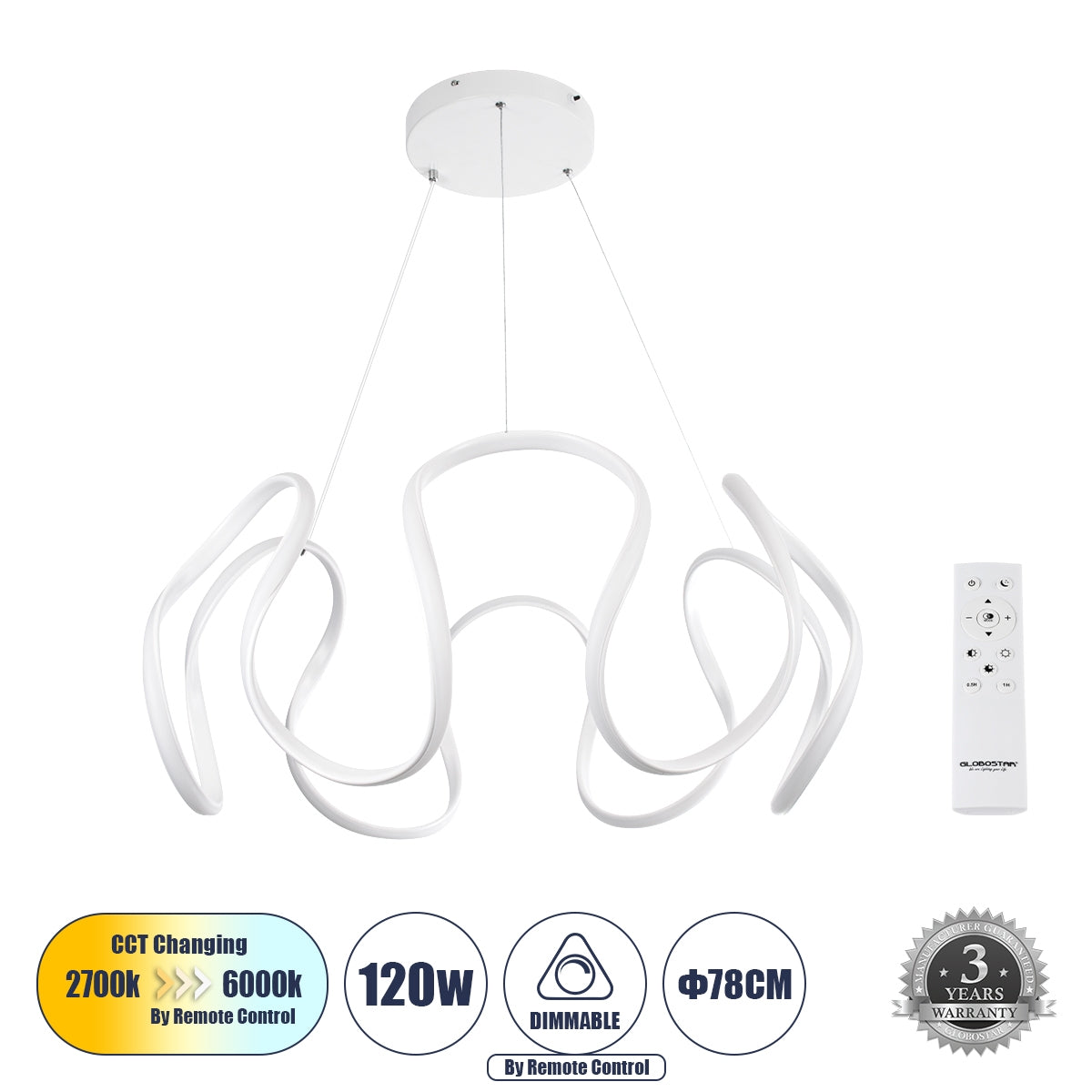 GloboStar® TARANTULA 61395 Κρεμαστό Φωτιστικό Οροφής Design LED CCT 120W 13440lm 300° AC 220-240V - Εναλλαγή Φωτισμού μέσω Τηλεχειριστηρίου All In One Ψυχρό 6000k+Φυσικό 4500k+Θερμό 2700k Dimmable Φ78 x Υ31.5cm - Λευκό