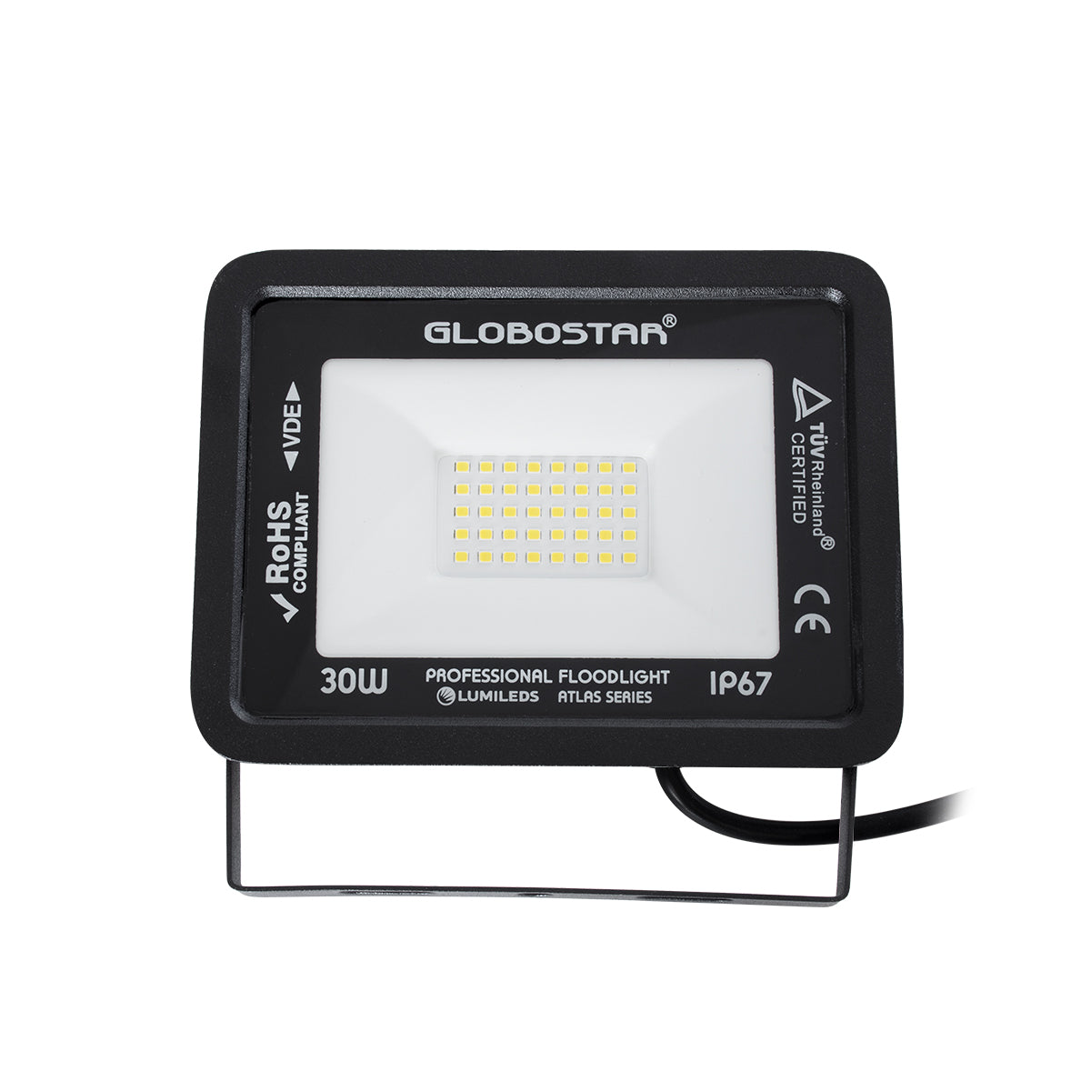 GloboStar® ATLAS 61417 Επαγγελματικός Προβολέας LED 30W 3600lm 120° AC 220-240V - Αδιάβροχος IP67 - Μ16 x Π2.5 x Υ12.5cm - Μαύρο - Φυσικό Λευκό 4500K - LUMILEDS Chips - TÜV Rheinland Certified - 5 Years Warranty