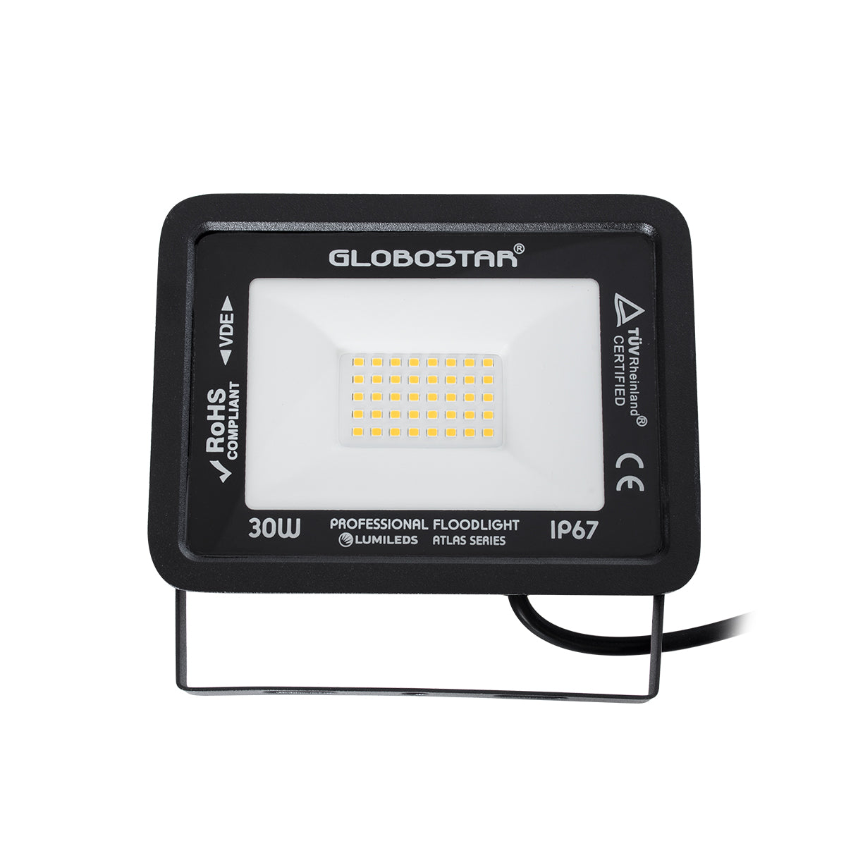 GloboStar® ATLAS 61418 Επαγγελματικός Προβολέας LED 30W 3450lm 120° AC 220-240V - Αδιάβροχος IP67 - Μ16 x Π2.5 x Υ12.5cm - Μαύρο - Θερμό Λευκό 2700K - LUMILEDS Chips - TÜV Rheinland Certified - 5 Years Warranty