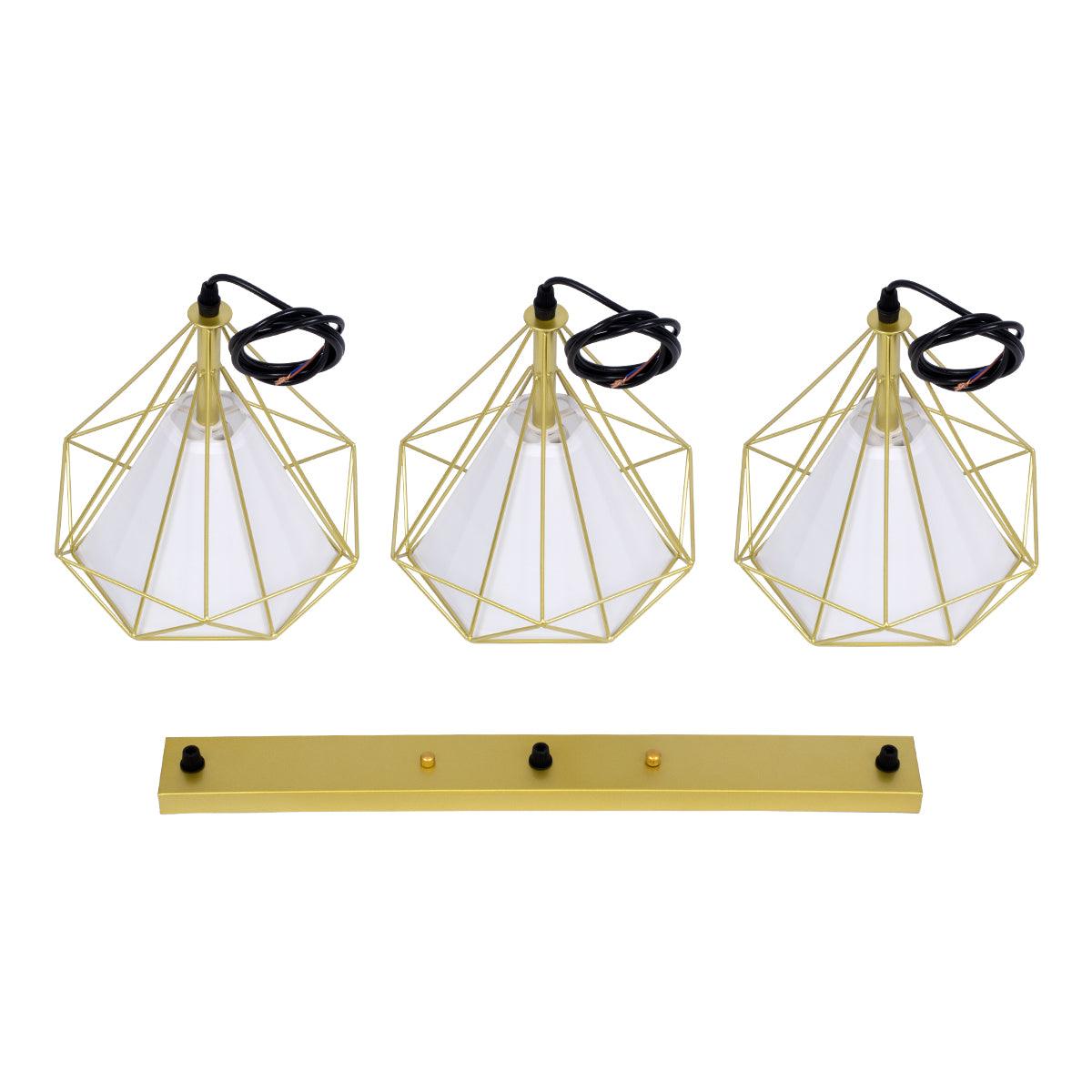 GloboStar® EIFFEL 61571 Vintage Κρεμαστό Φωτιστικό Οροφής Τρίφωτο 3 x E27 Χρυσό Μεταλλικό Πλέγμα με Λευκό Ύφασμα L68 x W25 x H130cm - ledmania.gr