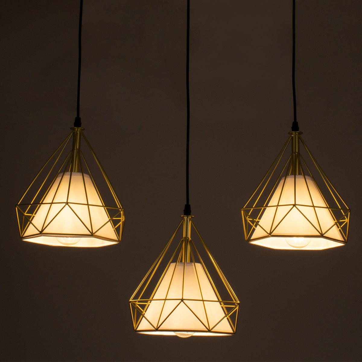 GloboStar® EIFFEL 61571 Vintage Κρεμαστό Φωτιστικό Οροφής Τρίφωτο 3 x E27 Χρυσό Μεταλλικό Πλέγμα με Λευκό Ύφασμα L68 x W25 x H130cm - ledmania.gr