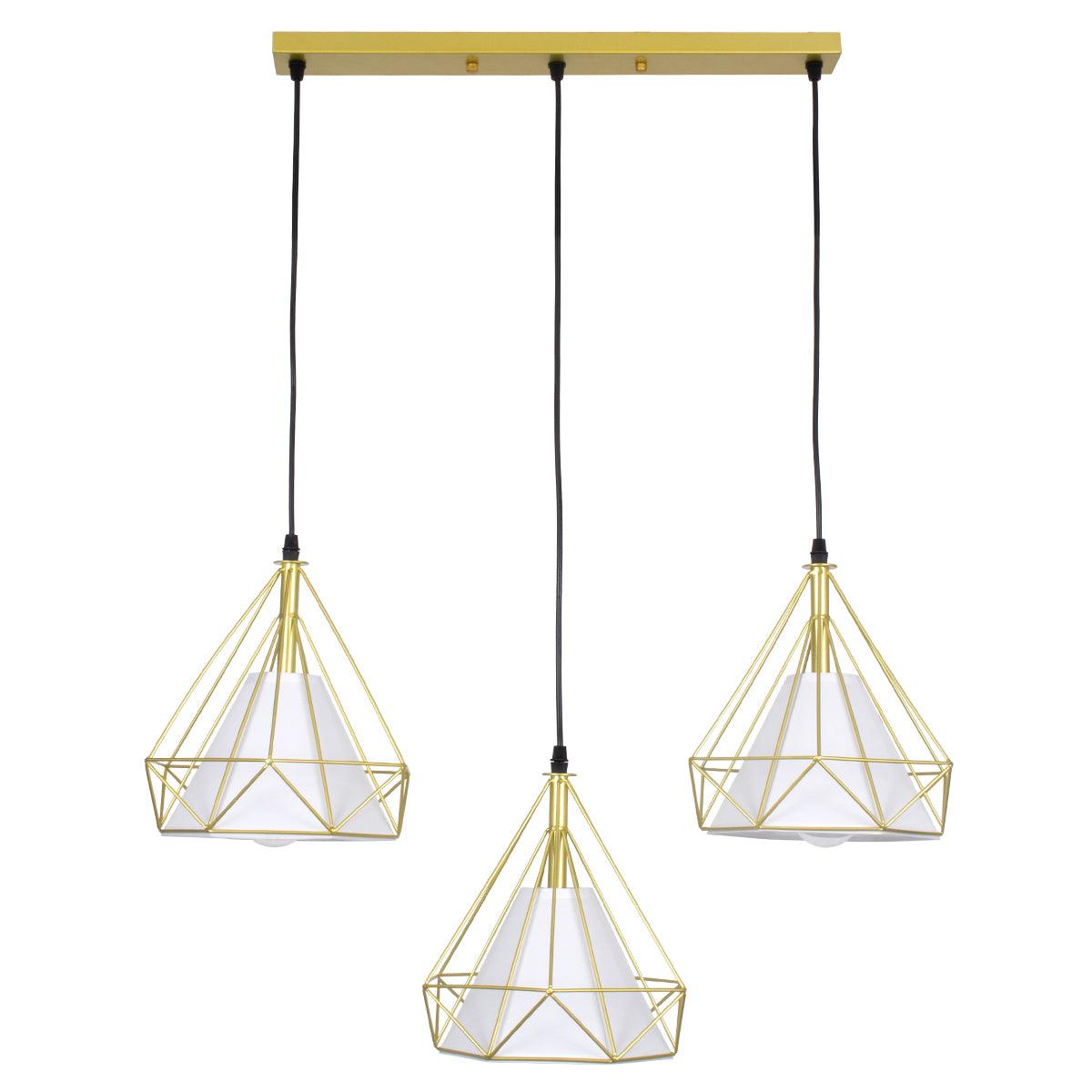 GloboStar® EIFFEL 61571 Vintage Κρεμαστό Φωτιστικό Οροφής Τρίφωτο 3 x E27 Χρυσό Μεταλλικό Πλέγμα με Λευκό Ύφασμα L68 x W25 x H130cm - ledmania.gr
