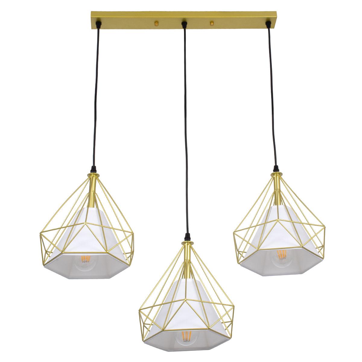 GloboStar® EIFFEL 61571 Vintage Κρεμαστό Φωτιστικό Οροφής Τρίφωτο 3 x E27 Χρυσό Μεταλλικό Πλέγμα με Λευκό Ύφασμα L68 x W25 x H130cm - ledmania.gr