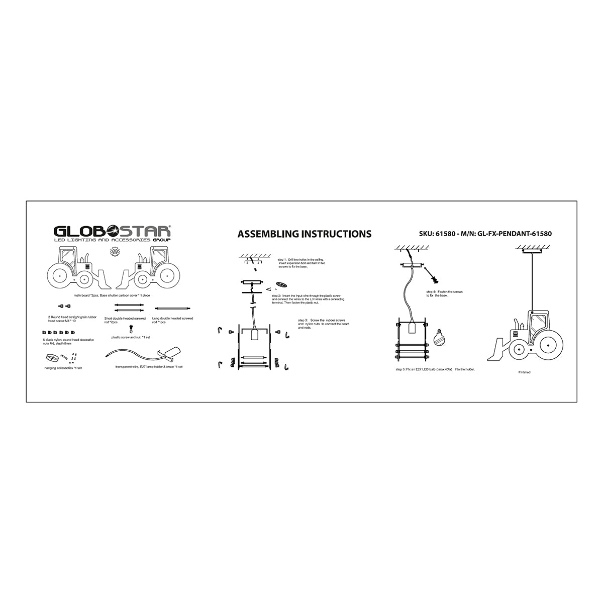 GloboStar® TRACTOR 61580 Μοντέρνο Παδικό Κρεμαστό Φωτιστικό Οροφής Μονόφωτο 1 x E27 Μπλε PVC Φιγούρα Τρακτέρ-Φαγάνα Μ40 x Π15.5 x Υ26.5cm