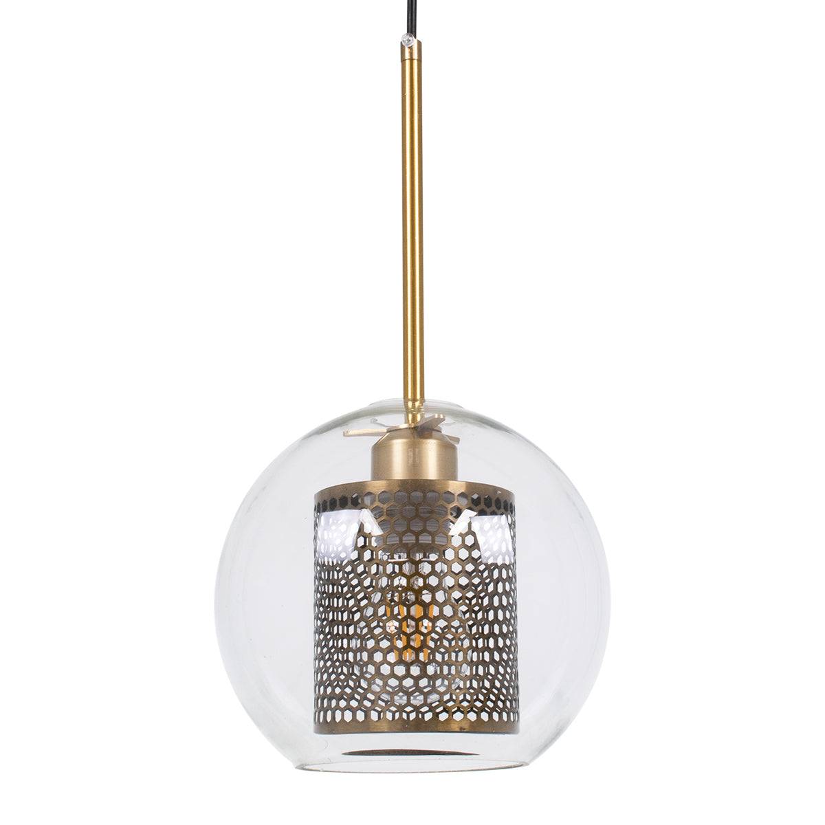 GloboStar® AVERY 00739 Μοντέρνο Κρεμαστό Φωτιστικό Οροφής Μονόφωτο Διάφανο Γυάλινο με Χρυσό Μεταλλικό Πλέγμα Φ18 x Υ38cm - ledmania.gr