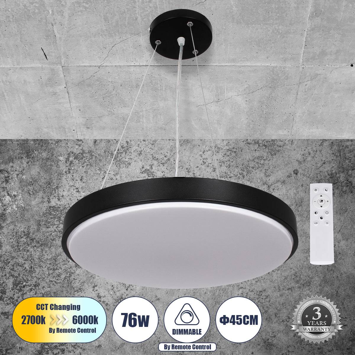 GloboStar® CASPER 61019 Κρεμαστή Πλαφονιέρα Οροφής LED CCT 76W 8372lm 120° AC 220-240V - Εναλλαγή Φωτισμού μέσω Τηλεχειριστηρίου All In One Ψυχρό Λευκό 6000k+Φυσικό Λευκό 4500k+Θερμό Λευκό 2700k Dimmable Φ45cm - Μαύρο - 3 Years Warranty - ledmania.gr