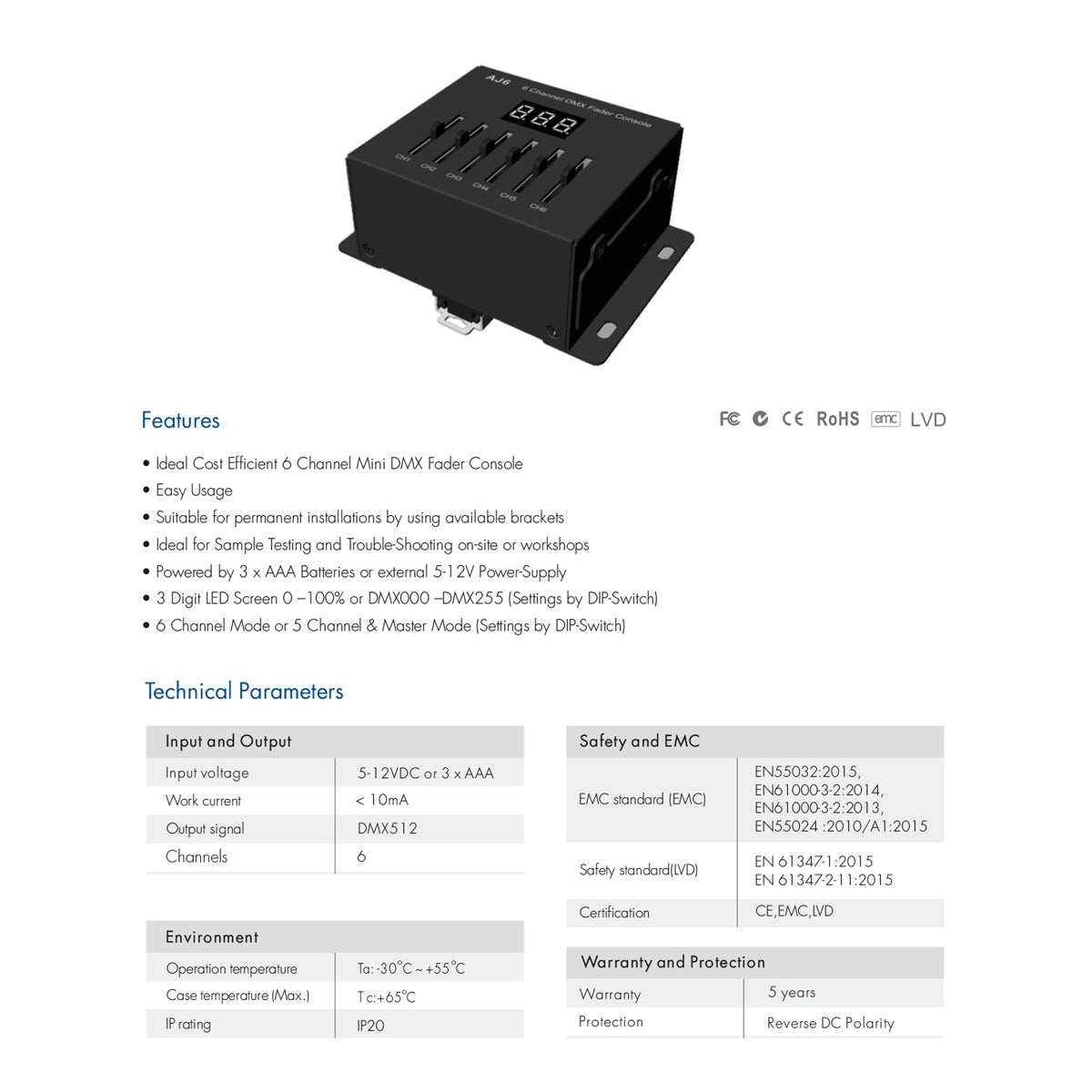 GloboStar® 70675 AJ6 SKYDANCE DC DMX Fader Console 6 Καναλιών DC 5-12V ή 3 x AAA Μπαταρίες 5 x 6A - IP20 Μ10 x Π7 x Υ4cm - 5 Years Warranty