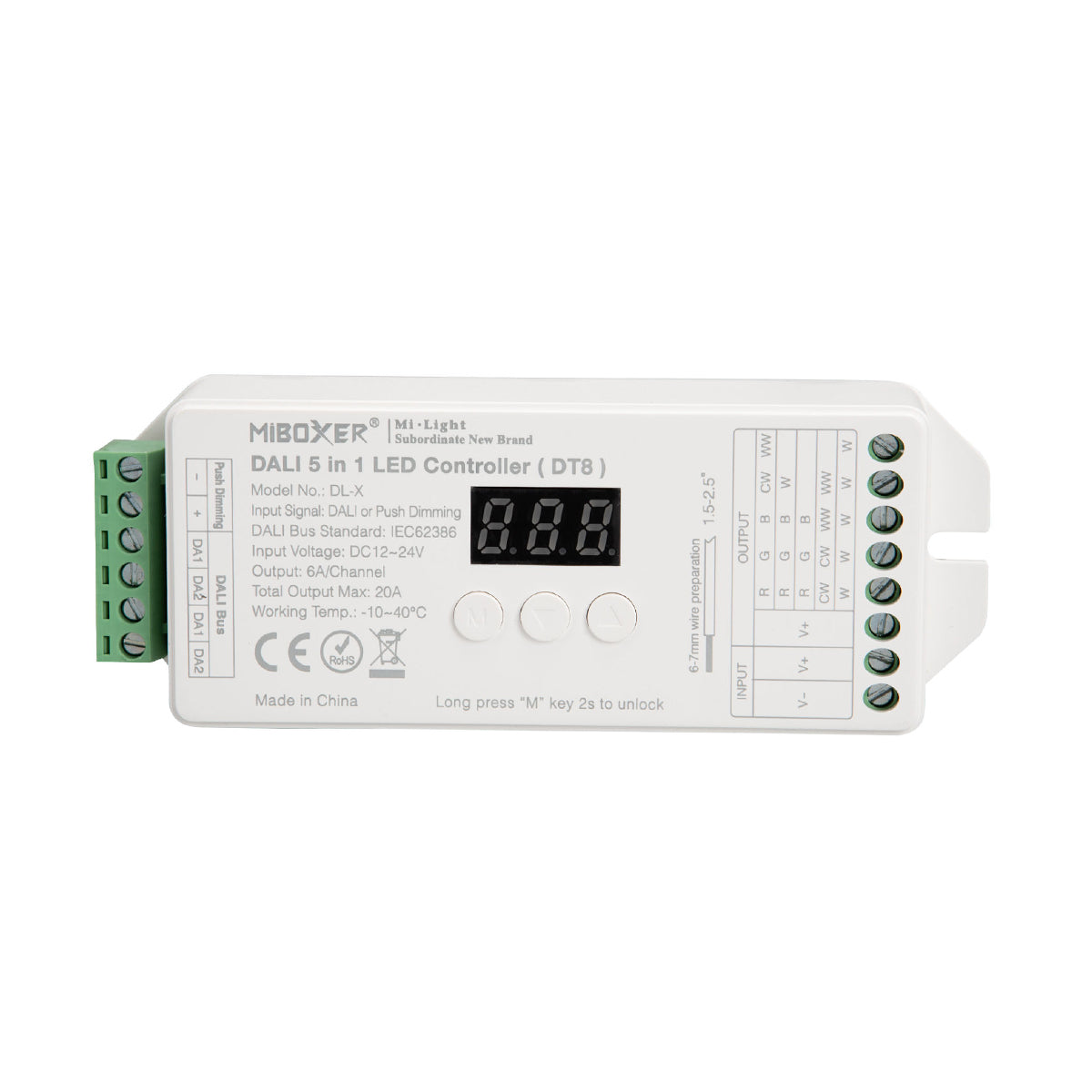 GloboStar® 71423 DL-X DC DALI & Push Dimming 5 in 1 Dimmer High Speed Controller 5 Καναλιών DC 12-24V 5 x 6A 144W - Max 20A 480W - IP20 RGBW+WW Μ13 x Π5 x Υ2.5cm - 5 Years Warranty