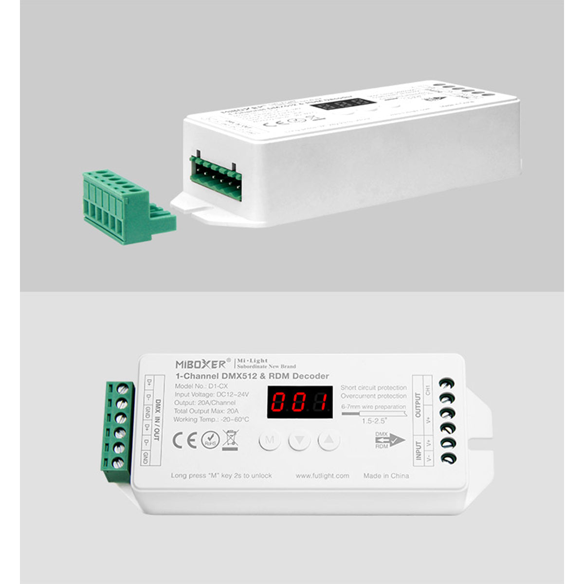 GloboStar® 71424 D1-CX DC DMX & RDM Dimmer High Speed Controller / Decoder 1 Καναλιού DC 12-24V 1 x 20A 480W - Max 20A 480W - IP20 DMX512 Μ13 x Π5 x Υ2.5cm - 5 Years Warranty