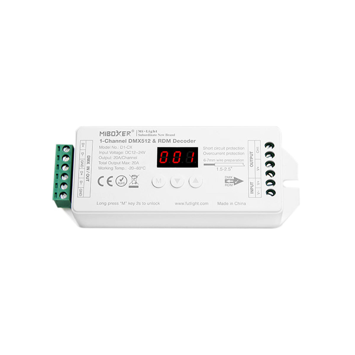 GloboStar® 71424 D1-CX DC DMX & RDM Dimmer High Speed Controller / Decoder 1 Καναλιού DC 12-24V 1 x 20A 480W - Max 20A 480W - IP20 DMX512 Μ13 x Π5 x Υ2.5cm - 5 Years Warranty