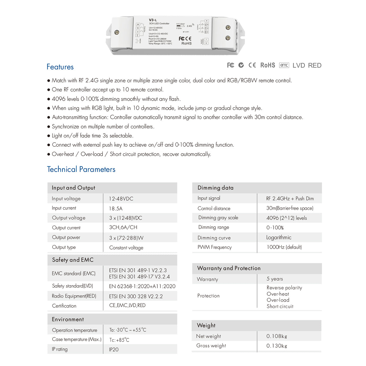 GloboStar® 71547 V3-L SKYDANCE DC RF 2.4Ghz Dimmer High Speed Controller & Push Dimming 3 Κανάλια DC 12-48V 3 x 6A 288W - Max 18.5A 288W - IP20 Μ17.5 x Π4.5 x Υ2.5cm - 5 Years Warranty