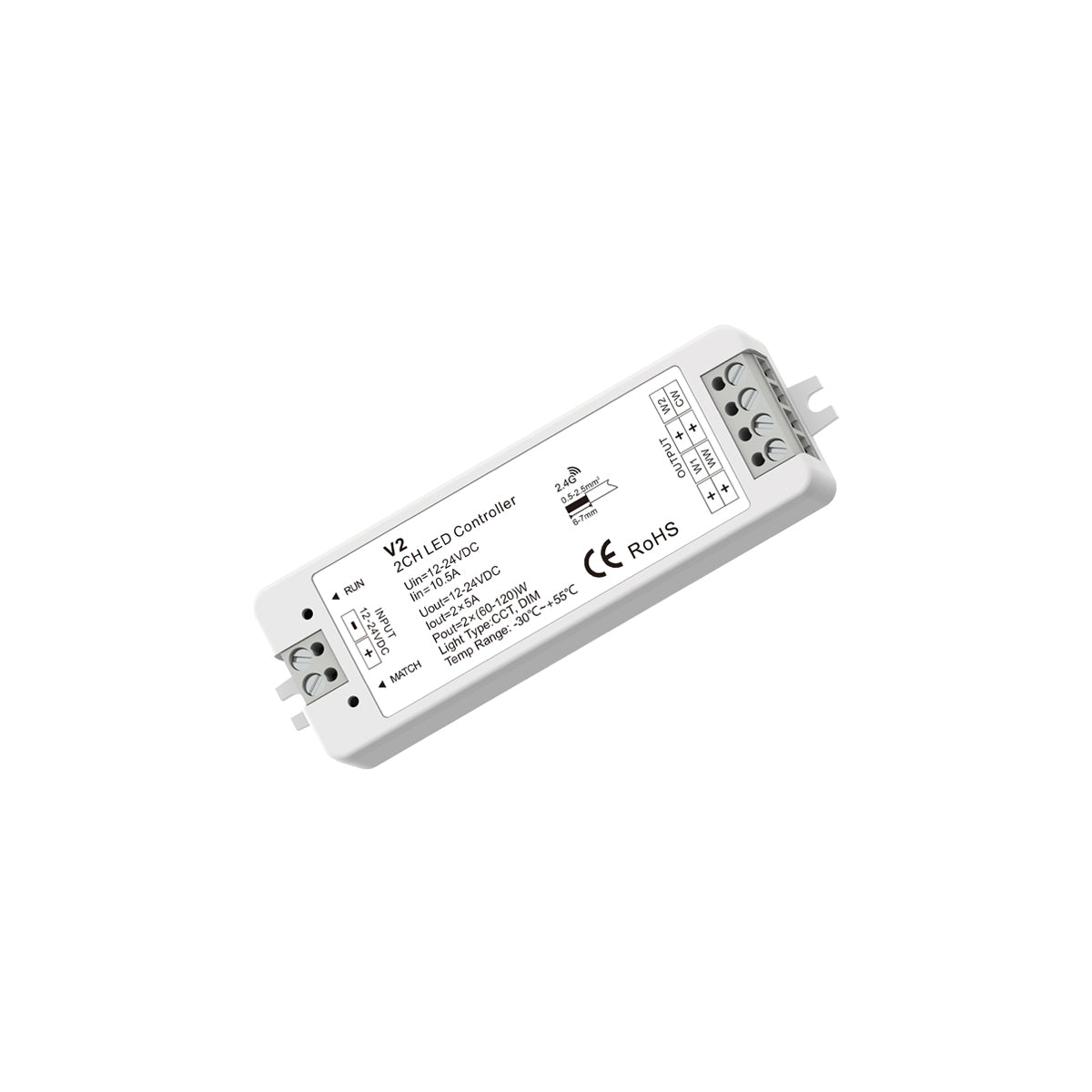 GloboStar® 71564 V2 SKYDANCE DC RF 2.4Ghz Dimmer High Speed Controller 2 Καναλιών DC 12-24V 2 x 5A 120W - Max 10.5A 252W - IP20 Μ10 x Π3.5 x Υ2cm - 5 Years Warranty