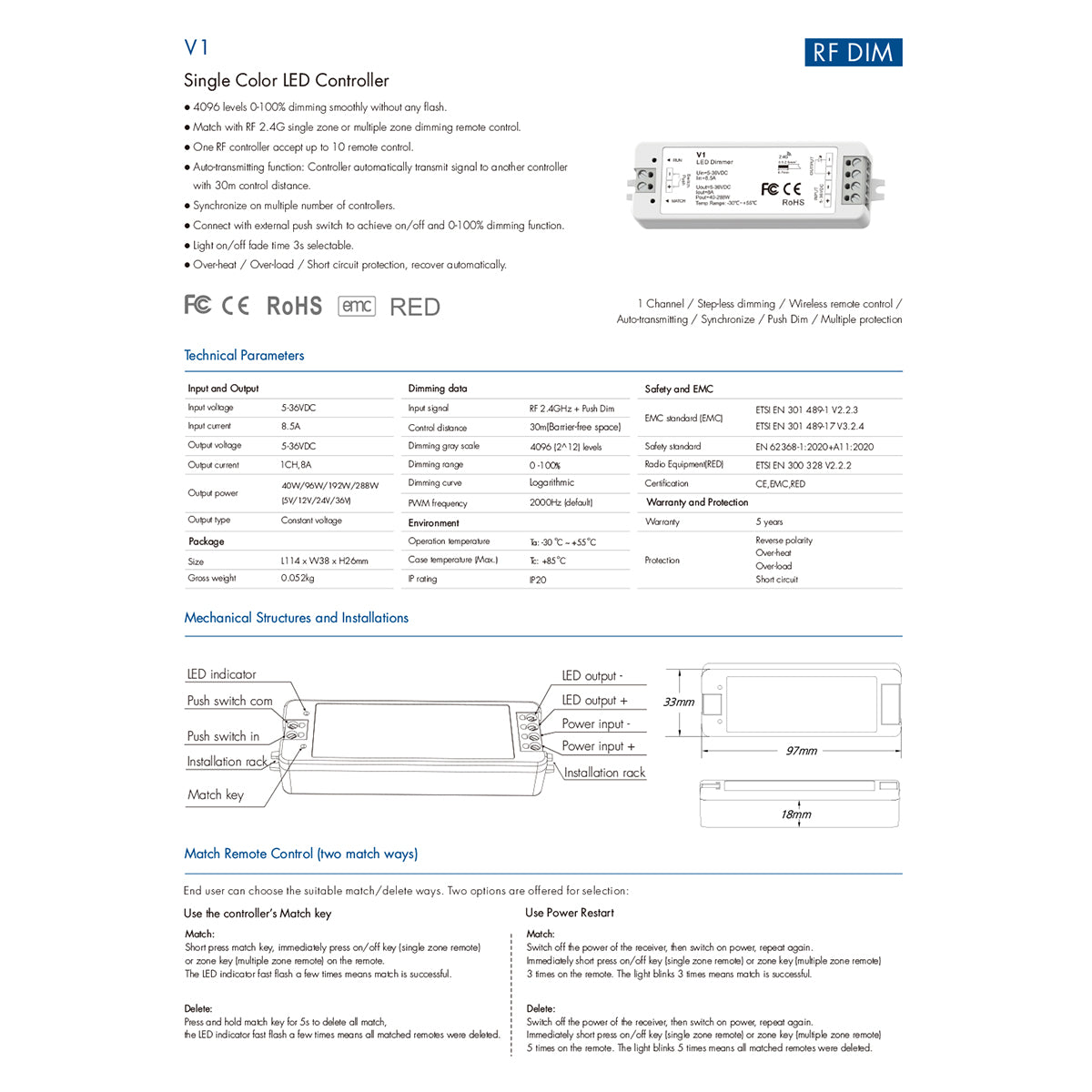 GloboStar® 71567 V1 SKYDANCE DC RF 2.4Ghz Dimmer High Speed Controller & Push Dimming 1 Κανάλι DC 5-36V 1 x 8A 288W - Max 8.5A 288W - IP20 Μ10 x Π3.5 x Υ2cm - 5 Years Warranty