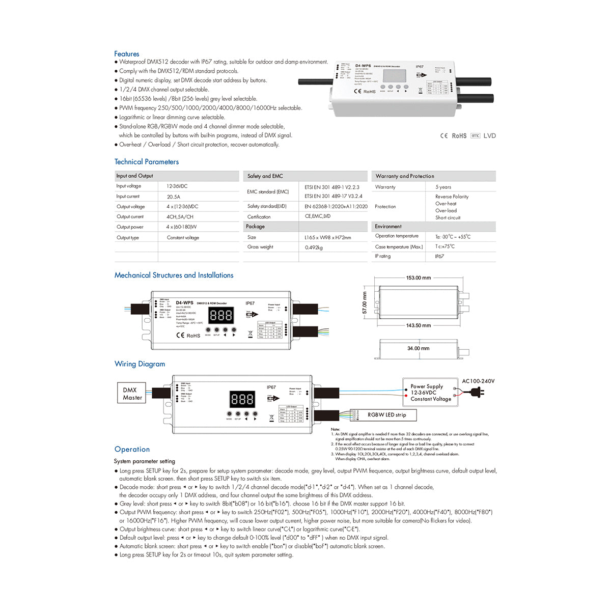 GloboStar® 71571-IP65 D4-WP SKYDANCE DC DMX & RDM Dimmer High Speed Controller / Decoder 4 Καναλιών DC 12-36V 4 x 5A 180W - Max 20.5A 720W - Αδιάβροχος IP65 Μ17 x Π8 x Υ4cm - 5 Years Warranty - ledmania.gr