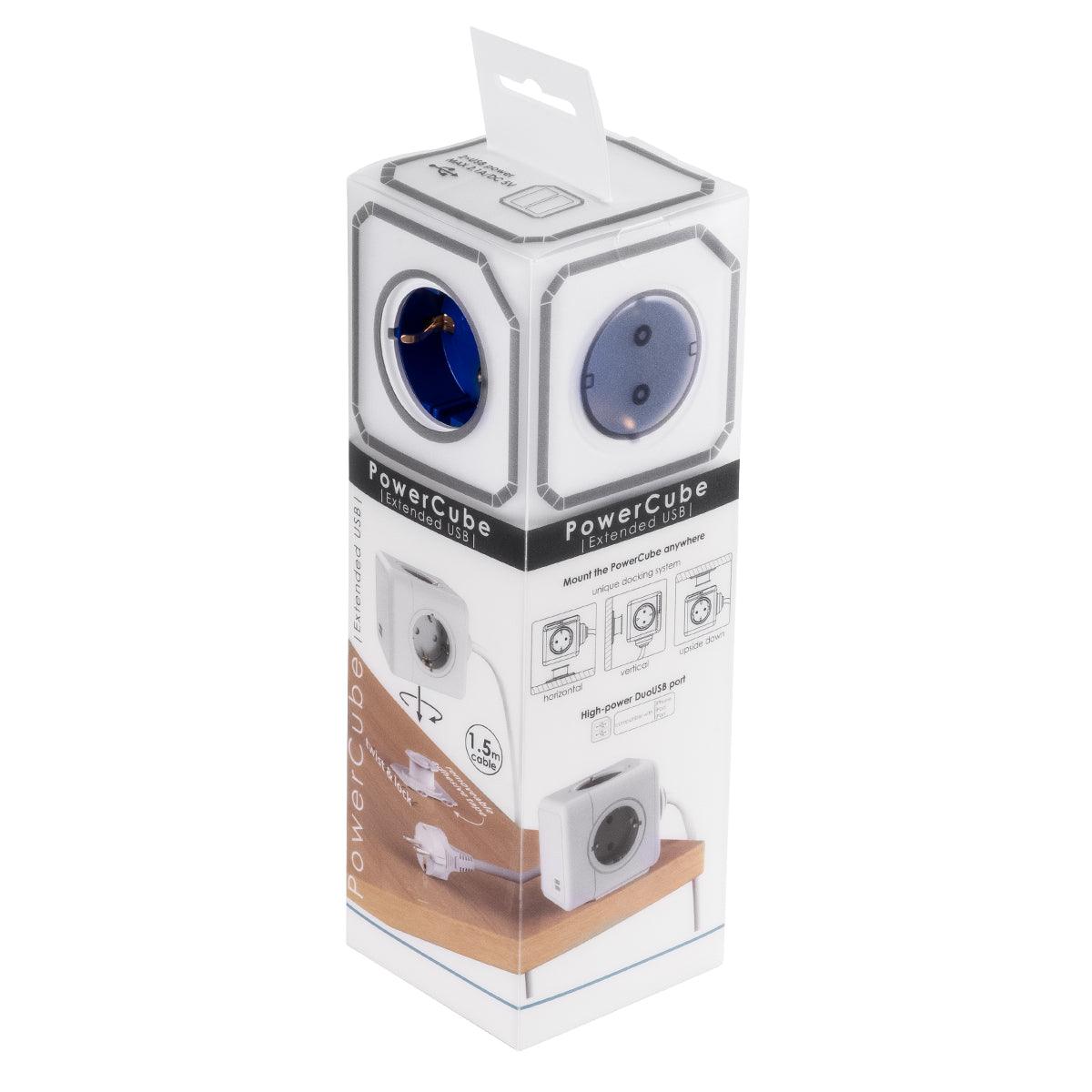 TRAVEL PowerCube PRO Certified 79643 Πολύπριζο 6 Θέσεων με 1.5m Kαλώδιο - 4 Πρίζες Ασφαλείας Childproof EU Schuko AC 220-240V & 2 Πρίζες USB Max 2.1A/DC 5V Μ7.5 x Π7.5 x Υ7.5 - Λευκό με Μπλε - Max Load 3680W/16A - ledmania.gr