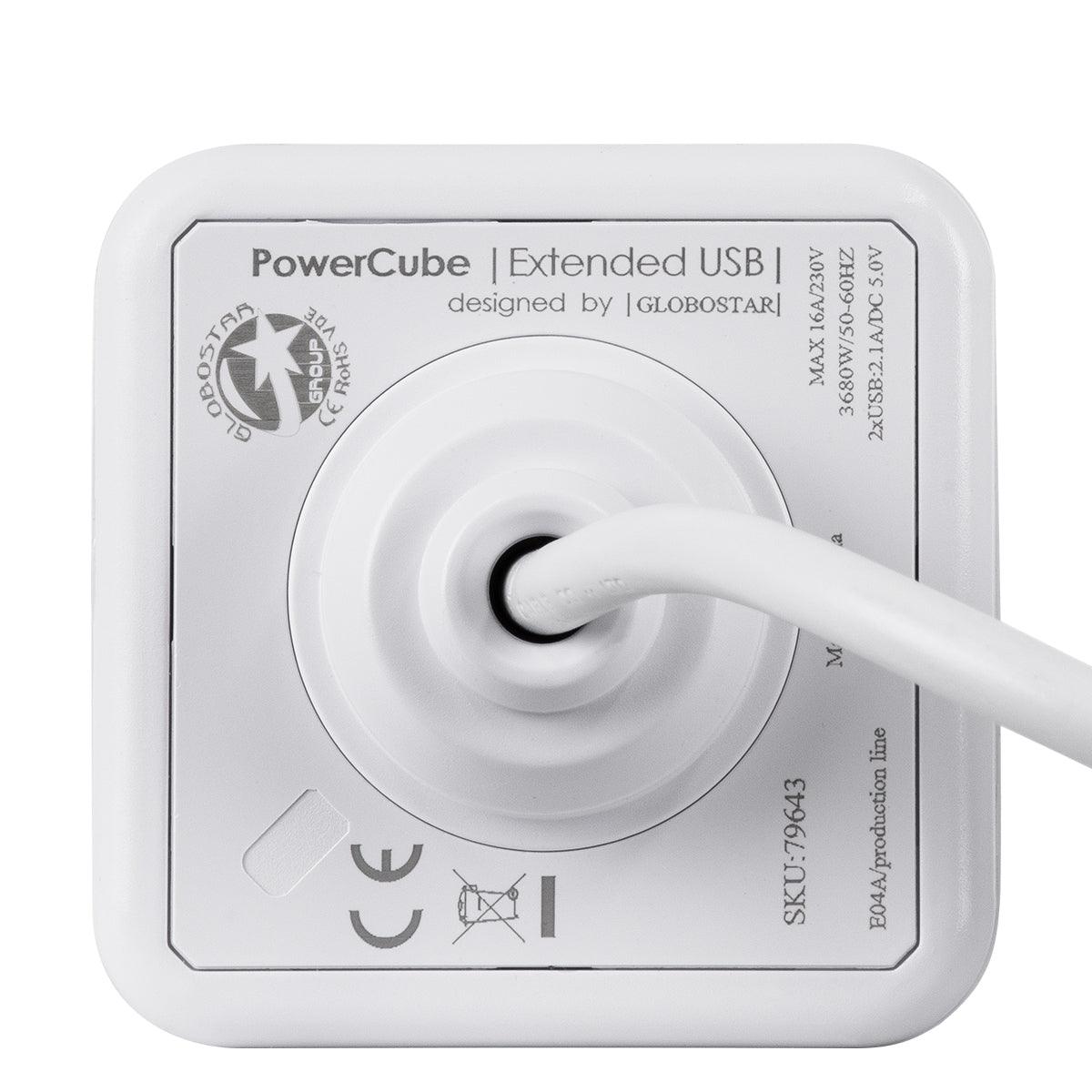 TRAVEL PowerCube PRO Certified 79643 Πολύπριζο 6 Θέσεων με 1.5m Kαλώδιο - 4 Πρίζες Ασφαλείας Childproof EU Schuko AC 220-240V & 2 Πρίζες USB Max 2.1A/DC 5V Μ7.5 x Π7.5 x Υ7.5 - Λευκό με Μπλε - Max Load 3680W/16A - ledmania.gr