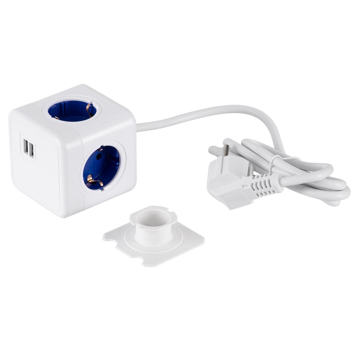 TRAVEL PowerCube PRO Certified 79643 Πολύπριζο 6 Θέσεων με 1.5m Kαλώδιο - 4 Πρίζες Ασφαλείας Childproof EU Schuko AC 220-240V & 2 Πρίζες USB Max 2.1A/DC 5V Μ7.5 x Π7.5 x Υ7.5 - Λευκό με Μπλε - Max Load 3680W/16A - ledmania.gr