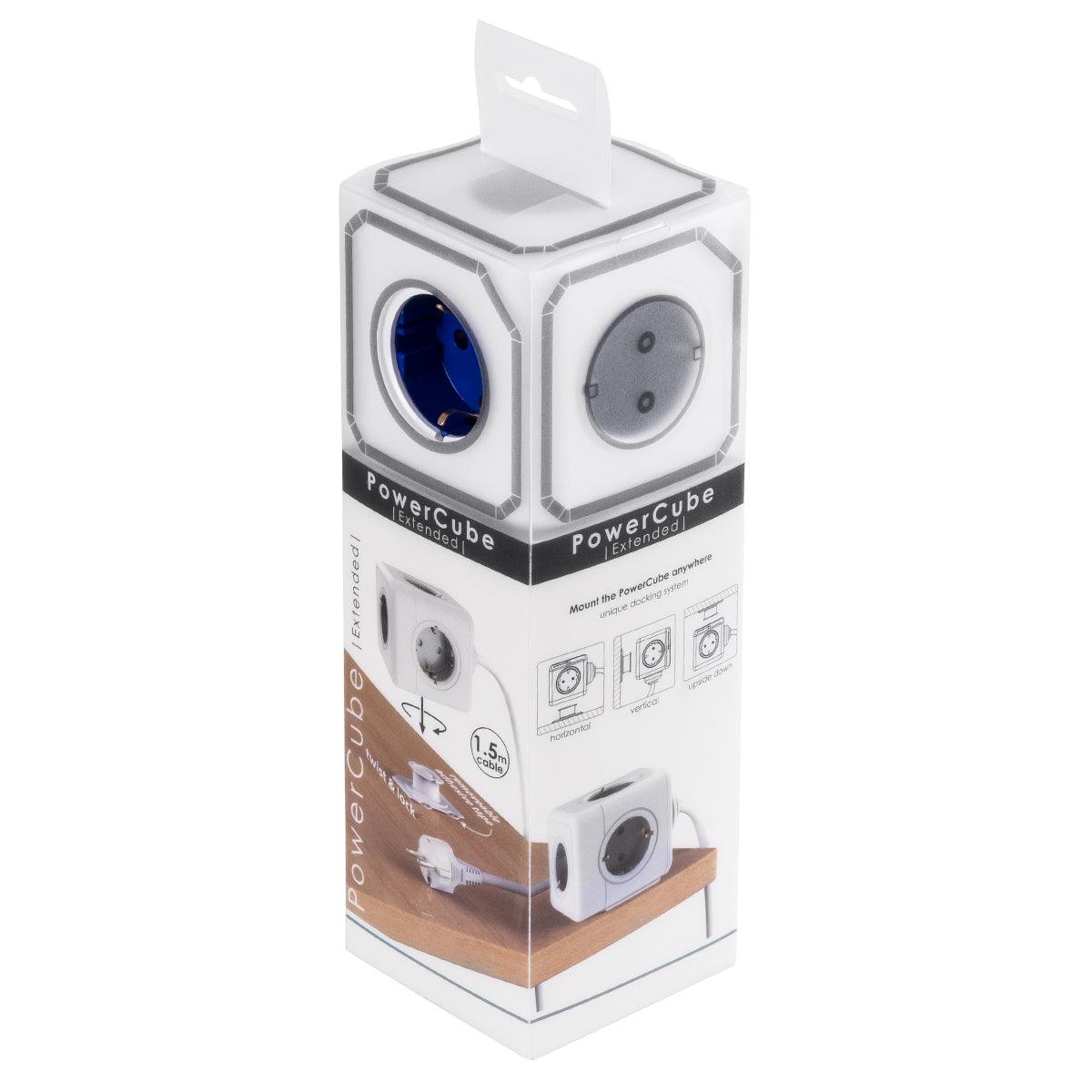 GloboStar® TRAVEL PowerCube PRO Certified 79646 Πολύπριζο 5 Θέσεων με 1.5m Kαλώδιο - 5 Πρίζες Ασφαλείας Childproof EU Schuko AC 220-240V Μ7.5 x Π11.5 x Υ7.5 - Λευκό με Μπλε - Max Load 3680W/16A - ledmania.gr