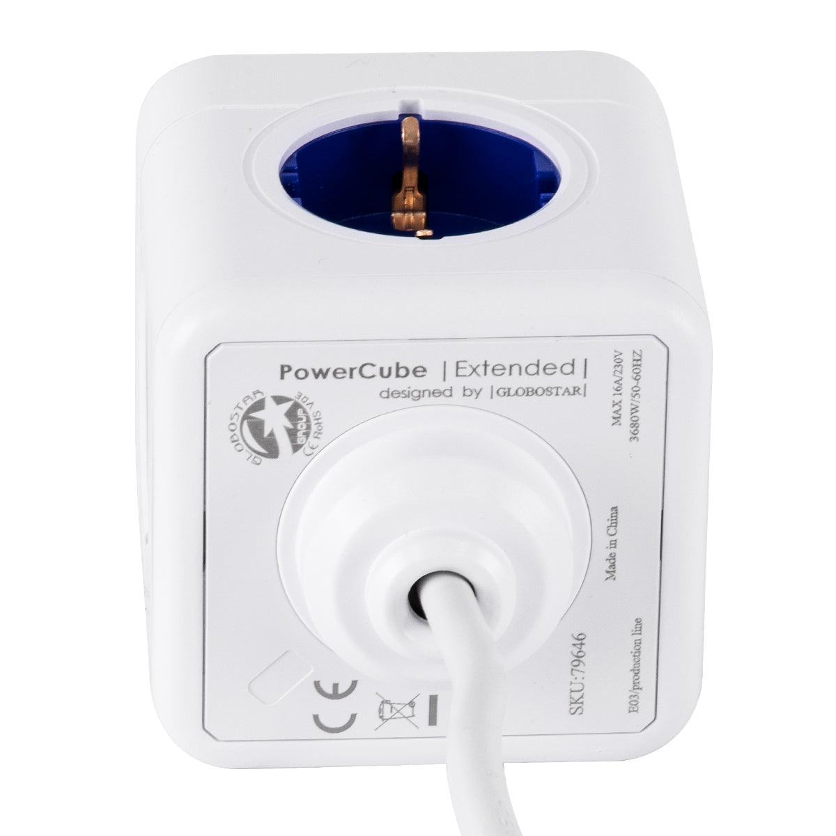 GloboStar® TRAVEL PowerCube PRO Certified 79646 Πολύπριζο 5 Θέσεων με 1.5m Kαλώδιο - 5 Πρίζες Ασφαλείας Childproof EU Schuko AC 220-240V Μ7.5 x Π11.5 x Υ7.5 - Λευκό με Μπλε - Max Load 3680W/16A - ledmania.gr
