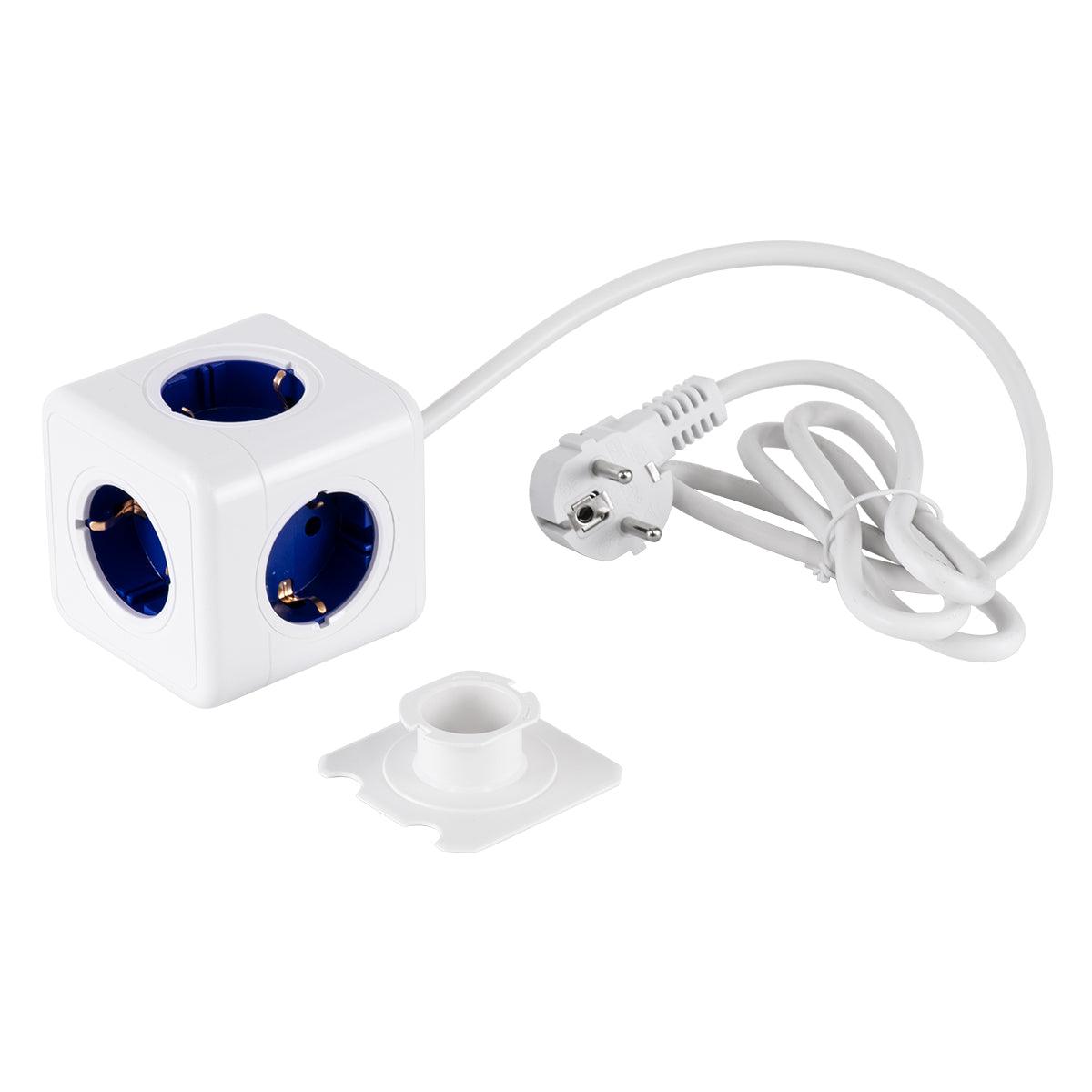 GloboStar® TRAVEL PowerCube PRO Certified 79646 Πολύπριζο 5 Θέσεων με 1.5m Kαλώδιο - 5 Πρίζες Ασφαλείας Childproof EU Schuko AC 220-240V Μ7.5 x Π11.5 x Υ7.5 - Λευκό με Μπλε - Max Load 3680W/16A - ledmania.gr