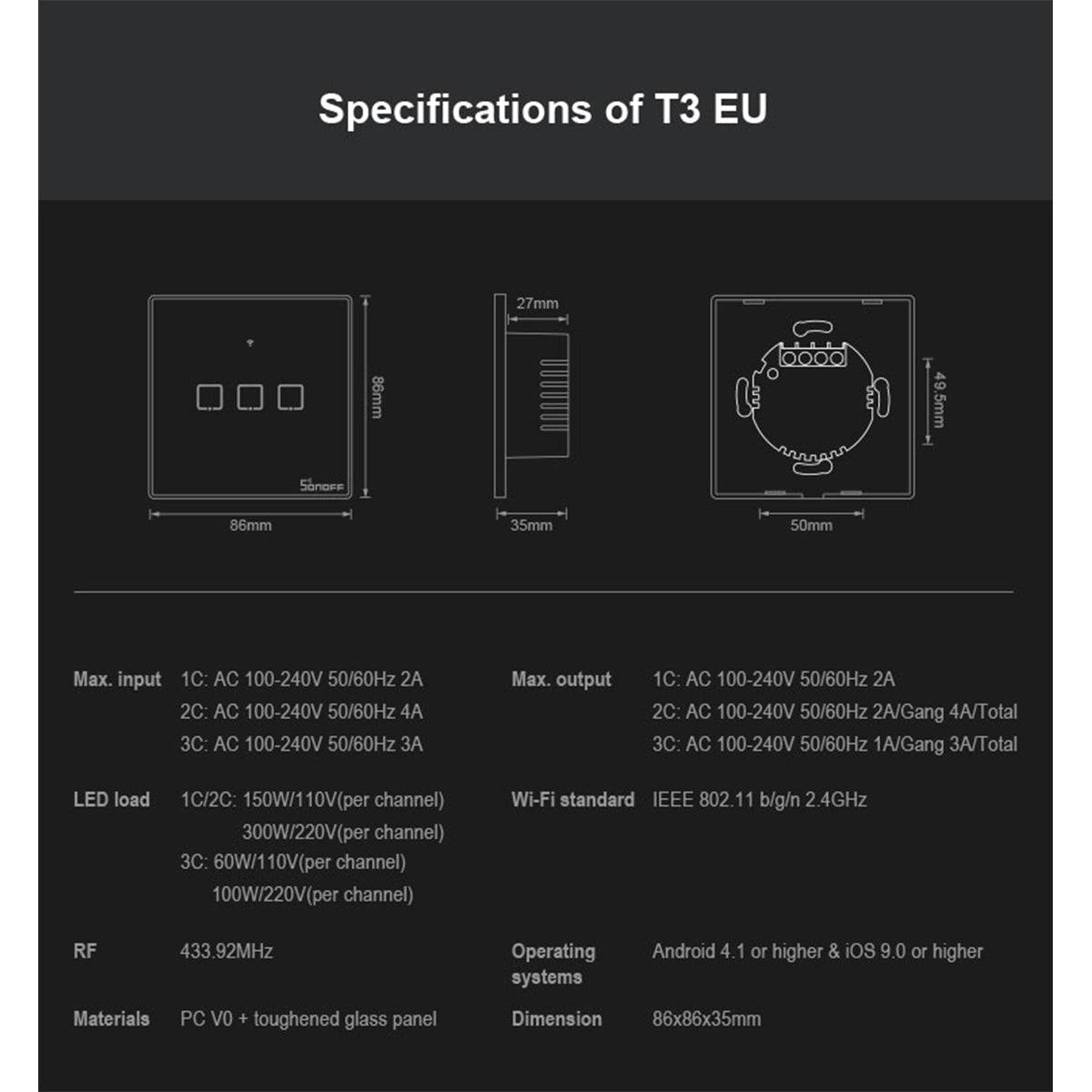 GloboStar® 80019 SONOFF T3EU2C-TX-EU-R2 - Wi-Fi Smart Wall Touch Button Switch 2 Way TX GR Series - ledmania.gr