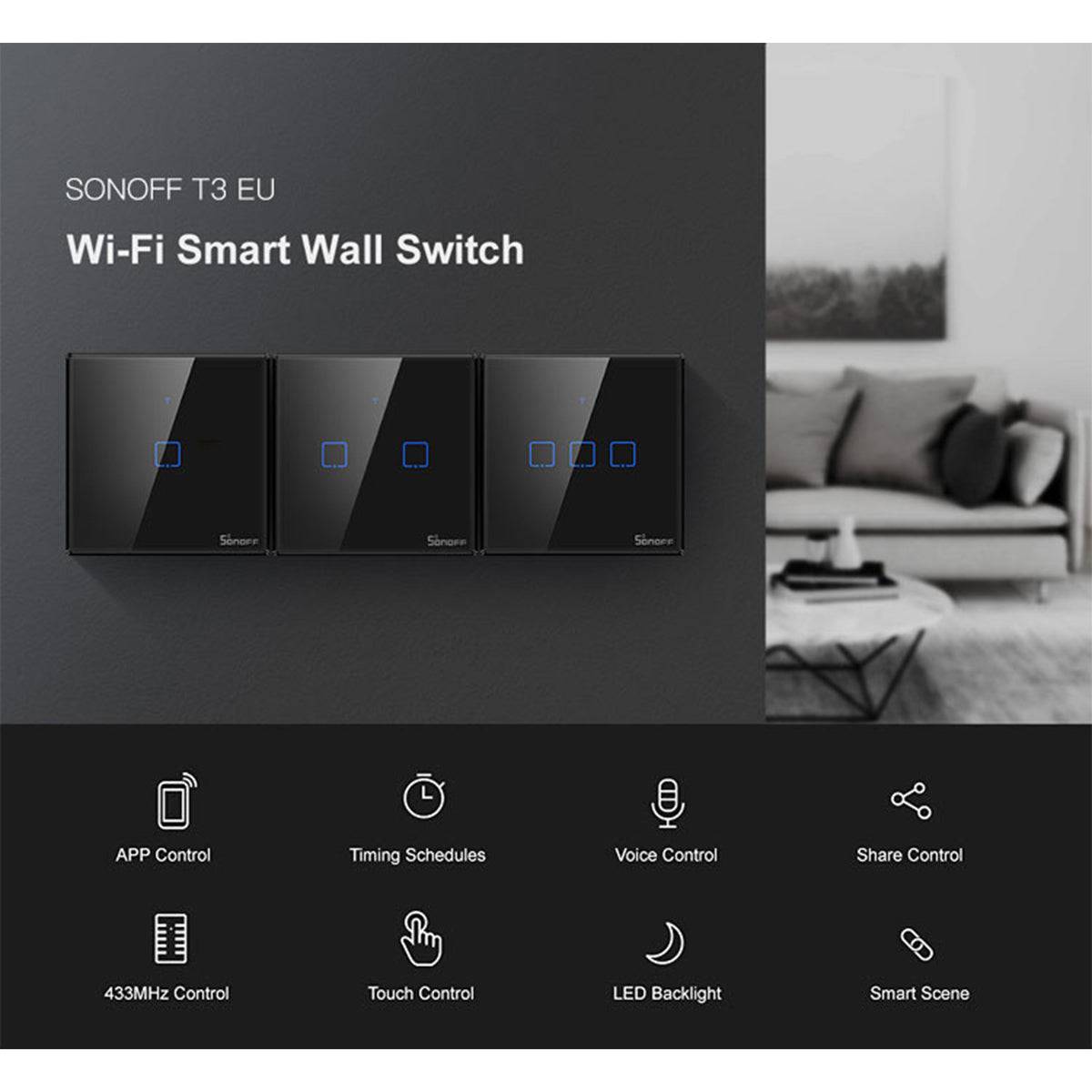 GloboStar® 80019 SONOFF T3EU2C-TX-EU-R2 - Wi-Fi Smart Wall Touch Button Switch 2 Way TX GR Series - ledmania.gr