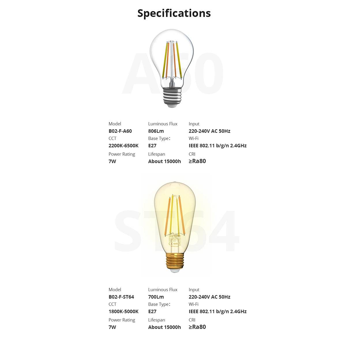 GloboStar® 80027 SONOFF B02-F-A60-R2 - Wi-Fi Smart LED Filament Bulb E27 A60 7W 806lm AC 220-240V CCT Change from 2200K to 6500K Dimmable - ledmania.gr