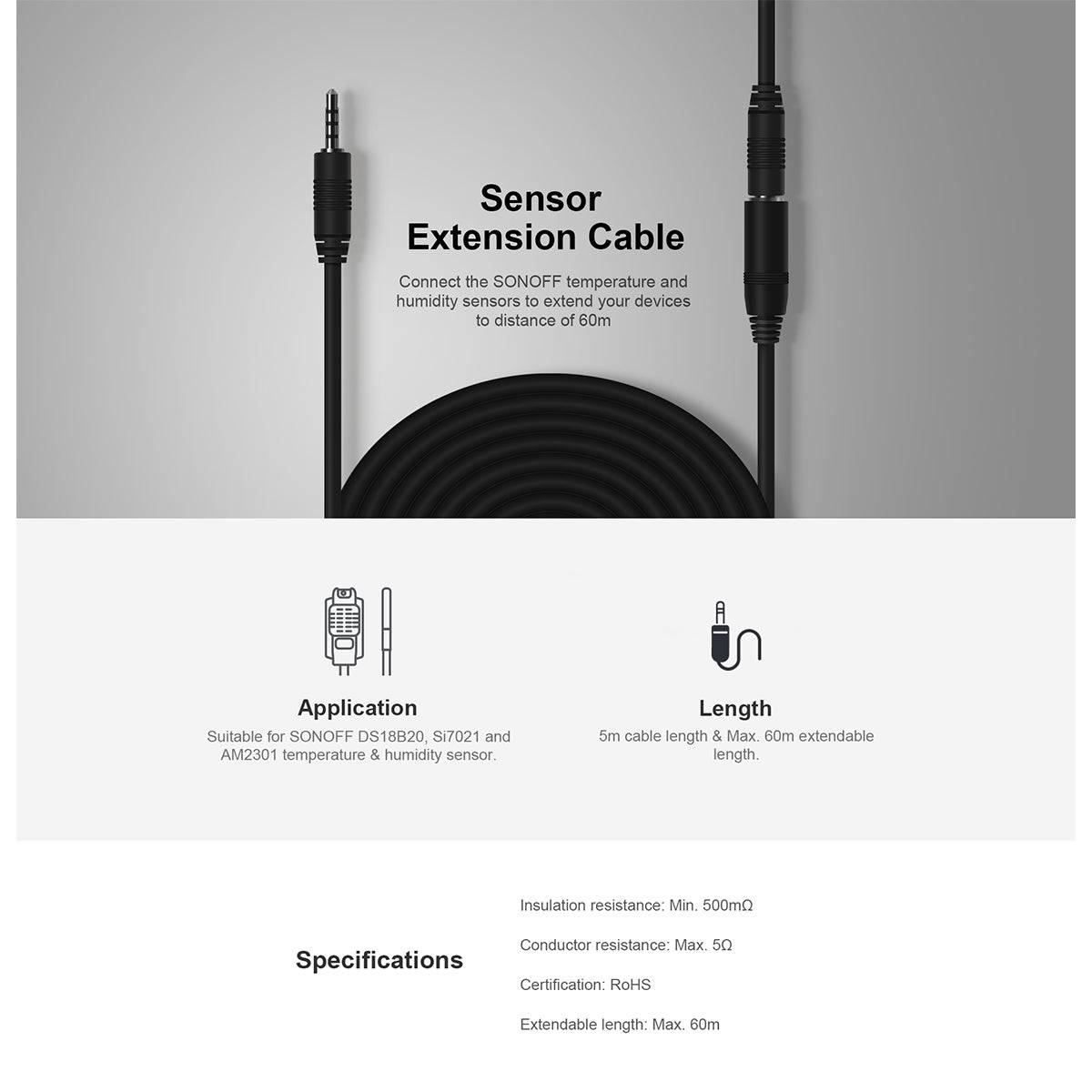 GloboStar® 80038 SONOFF AL560-R2 - 5M Sensor Extension Cable for DS18B20 & Si7021 & MS01 Models - ledmania.gr