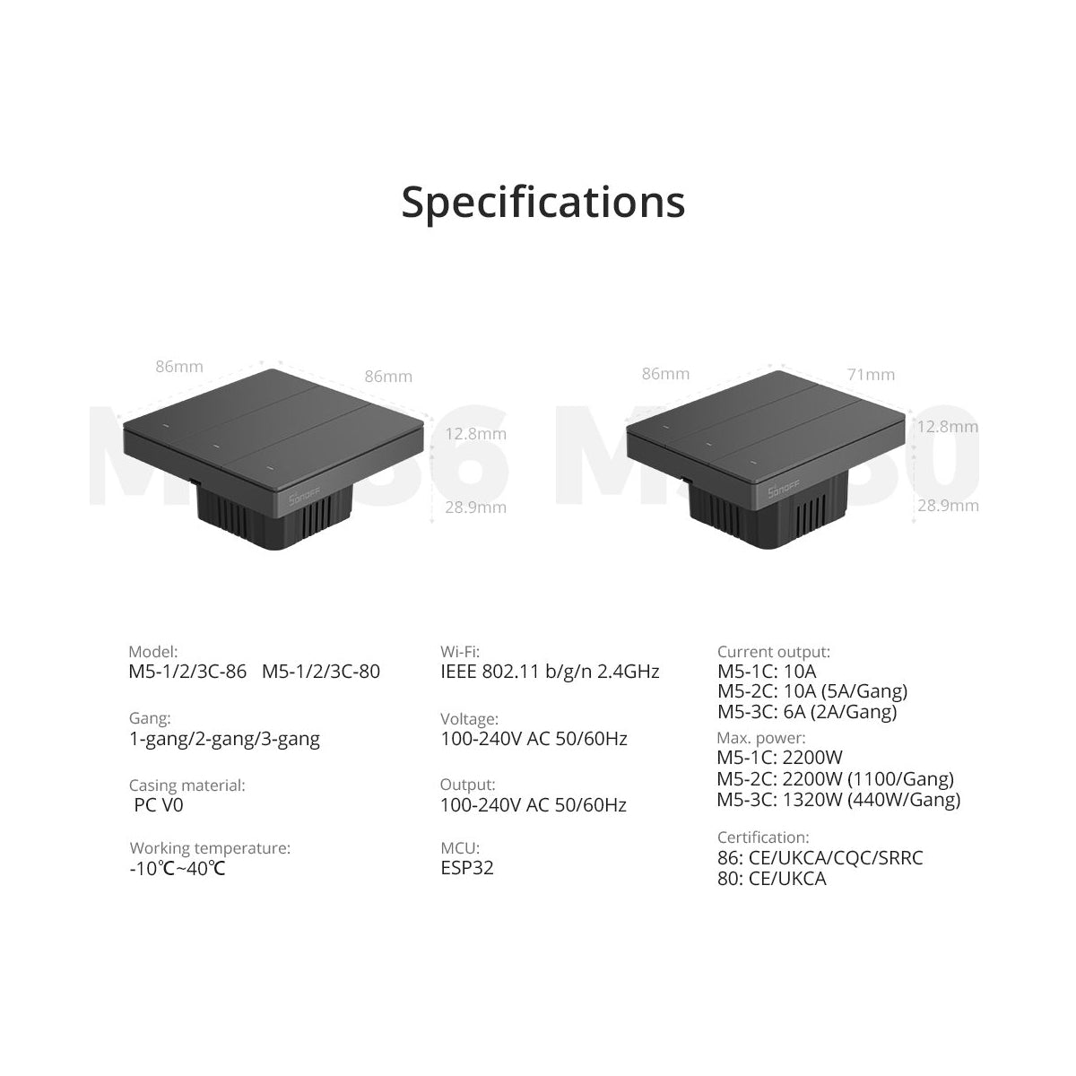 GloboStar® 80090 SONOFF M5-1C-86 SwitchMan Mechanical Smart Switch WiFi & Bluetooth AC 100-240V Max 10A 2200W (10A/Way) 1 Way